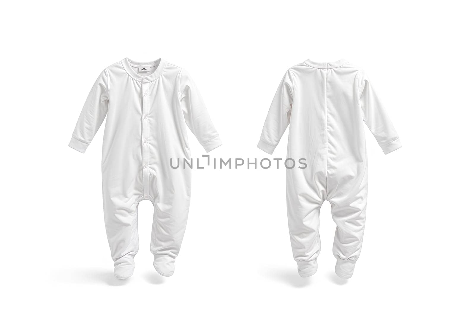 Blank white baby zip-up sleepsuit mockup, front and back view. High quality photo.