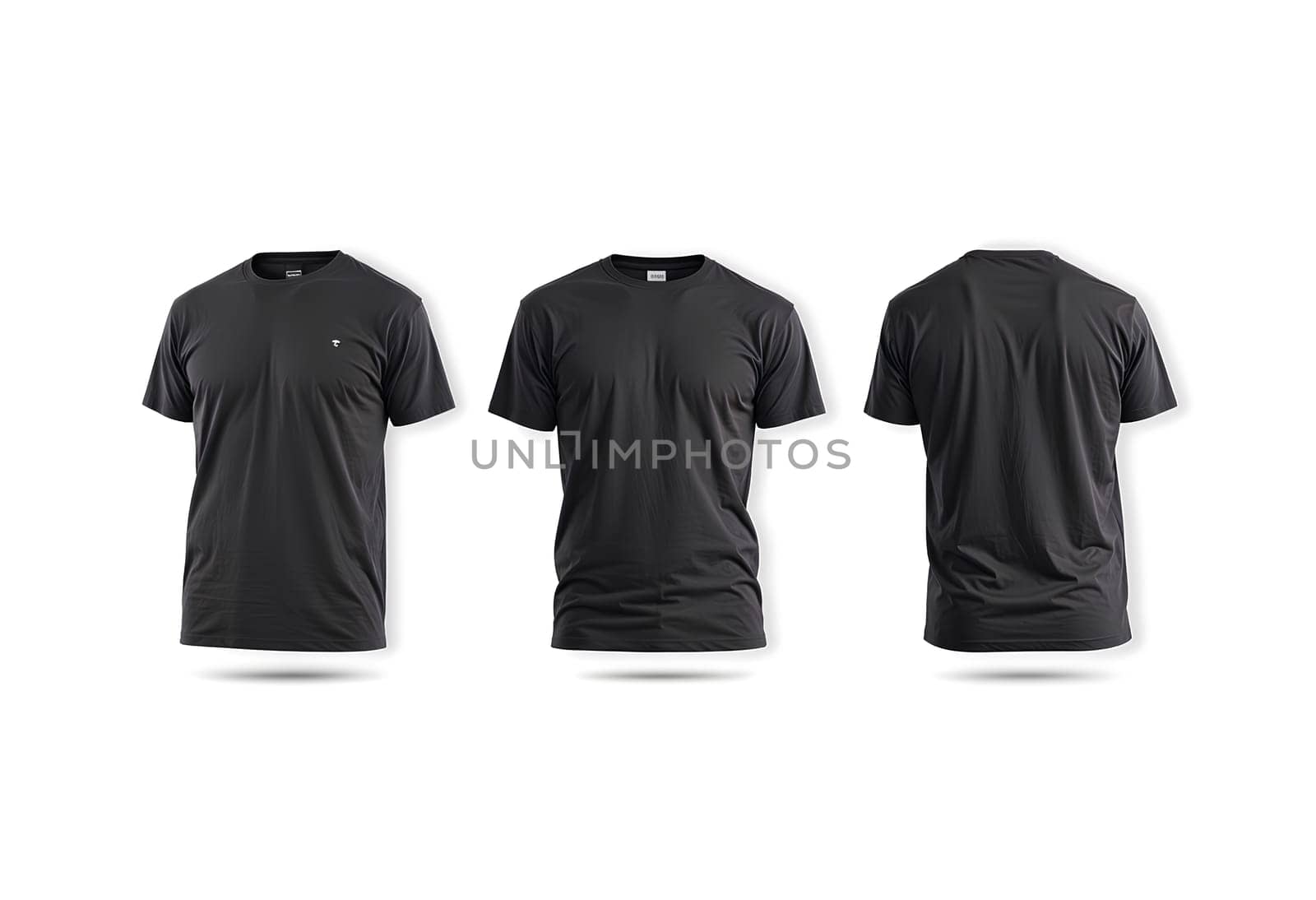 Blank black wrinkled t-shirt mock up, front and side view. High quality photo.