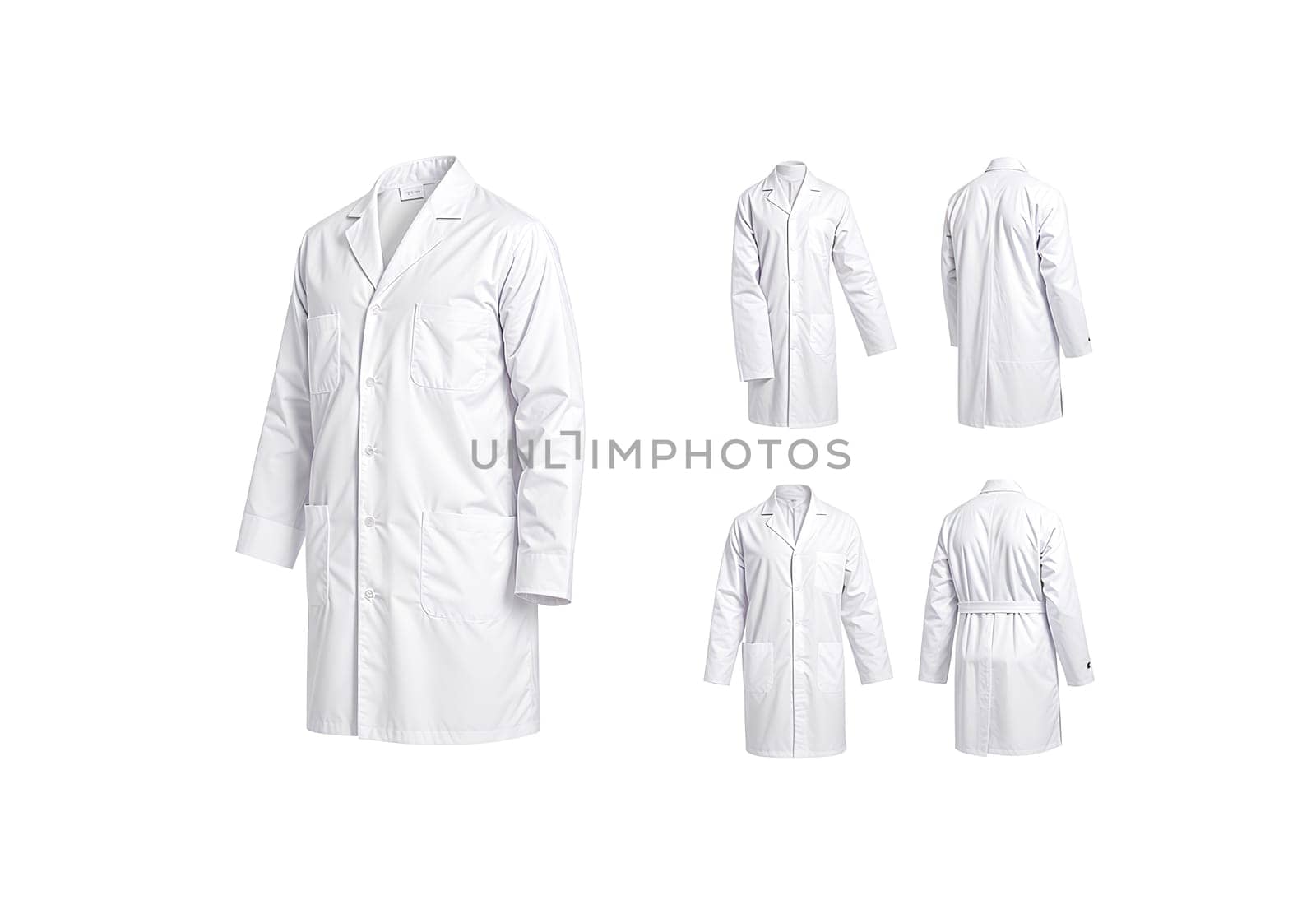 Blank white medical lab coat mockup, different views. High Quality Photo.