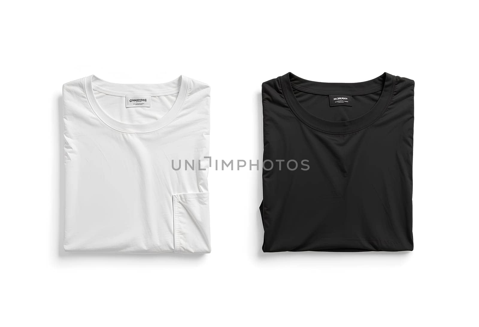 Blank black and white folded square t-shirt mockup, top view. High quality photo.