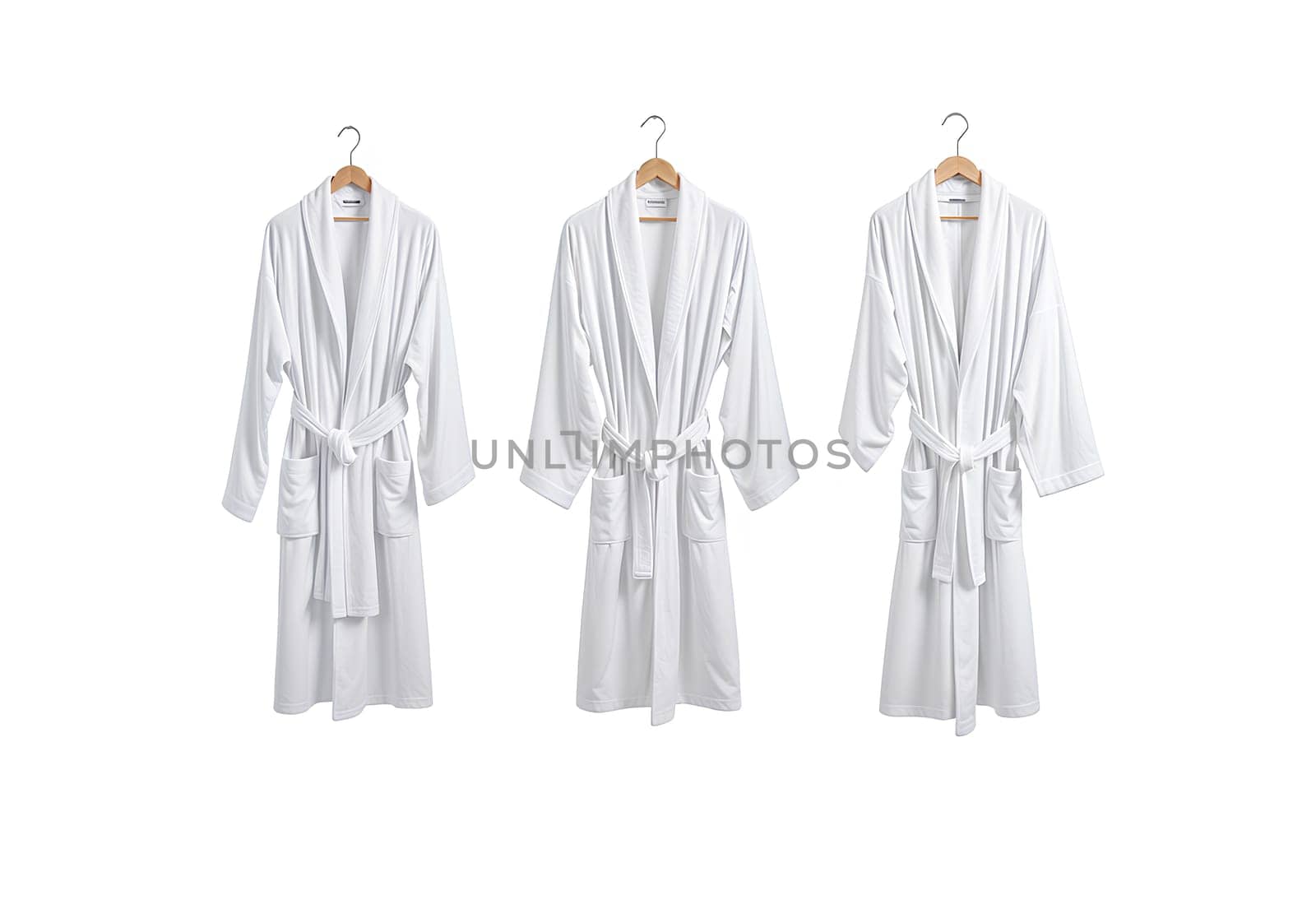 Blank white hotel bathrobe mockup, front and side view. High quality photo.