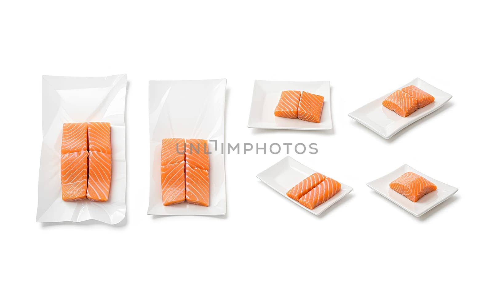 Blank white pack with salmon mockup, different views. High quality photo.