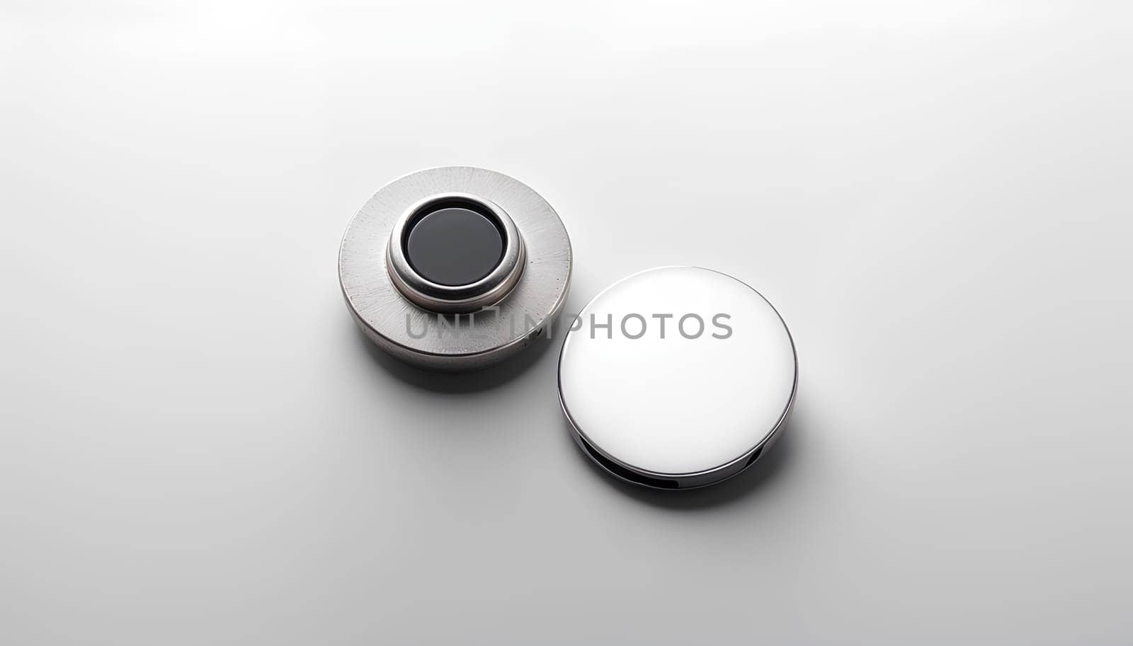 Blank white round silver lapel badge mockup, front and back side view, 3d rendering. Empty hard enamel pin mock up. Metal clasp-pin design template. Expensive circular brooch for logo presentation.