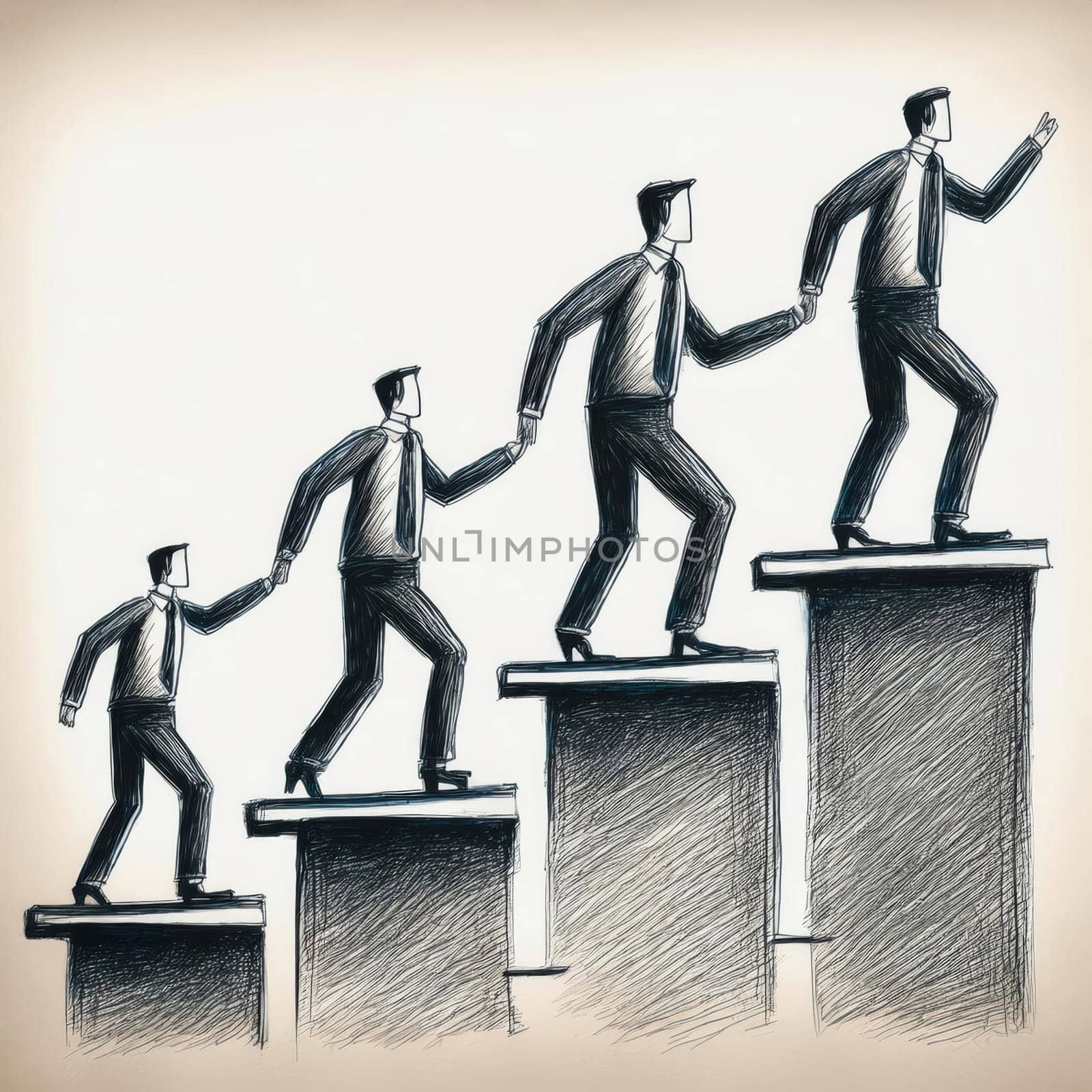 Men in business suits climb the career ladder