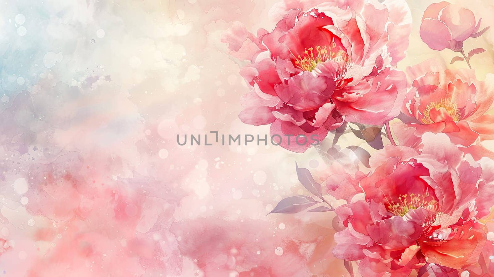 Vibrant pink peonies are in full bloom, showcasing delicate petals set against a dreamy, pastel background that evokes tranquility and beauty.