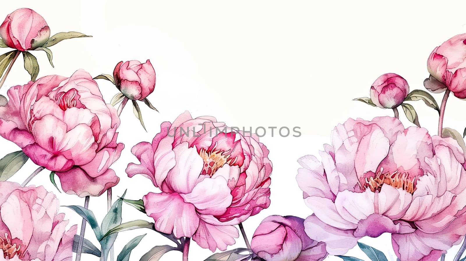 Delicate pink peonies are showcased with lush green leaves, presenting a tranquil arrangement that highlights their soft petals against a light backdrop.
