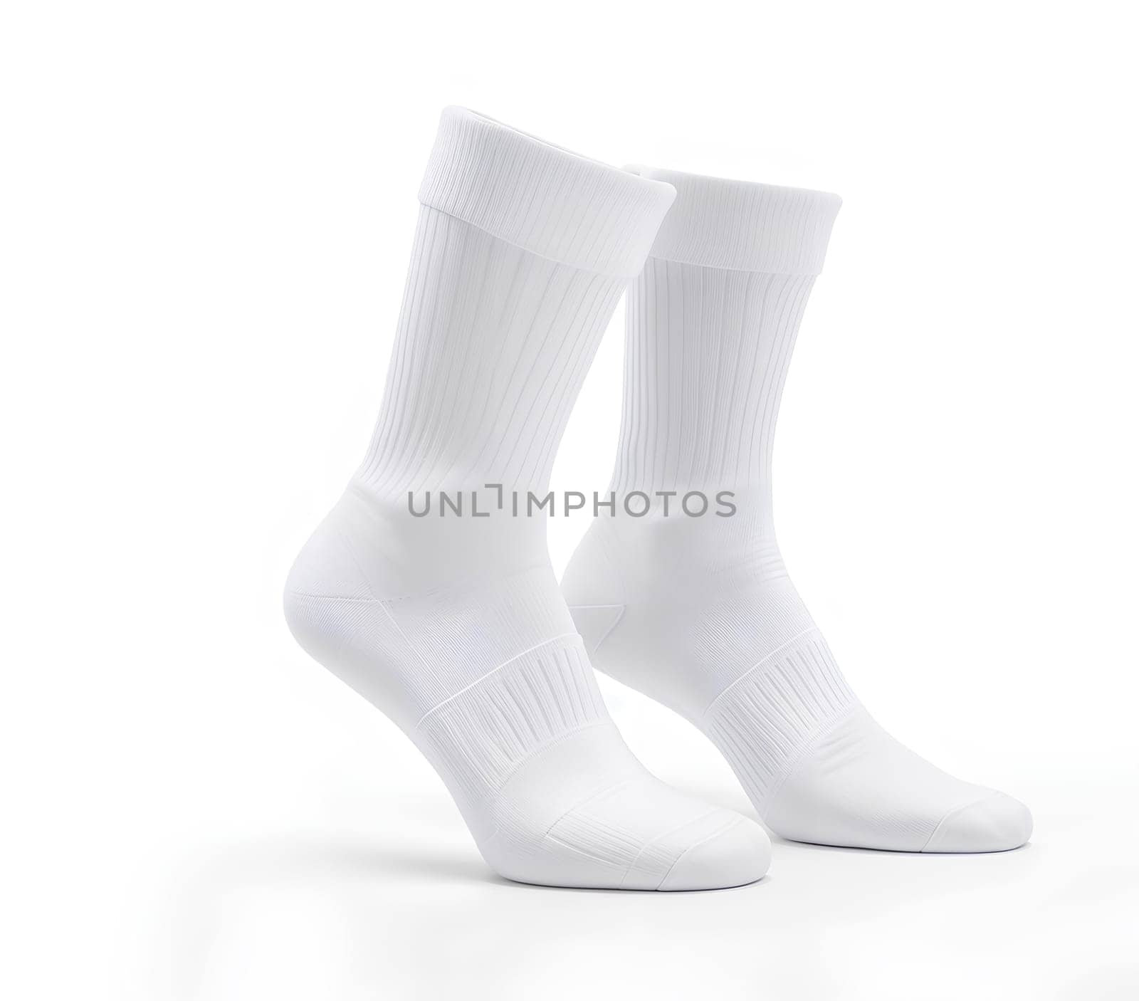 Blank white socks design mockup, isolated, clipping path. Pair sport crew cotton socks wear mock up. Long clear soft sock stand presentation. Men basketball, football, tennis plain socks template. High quality photo.