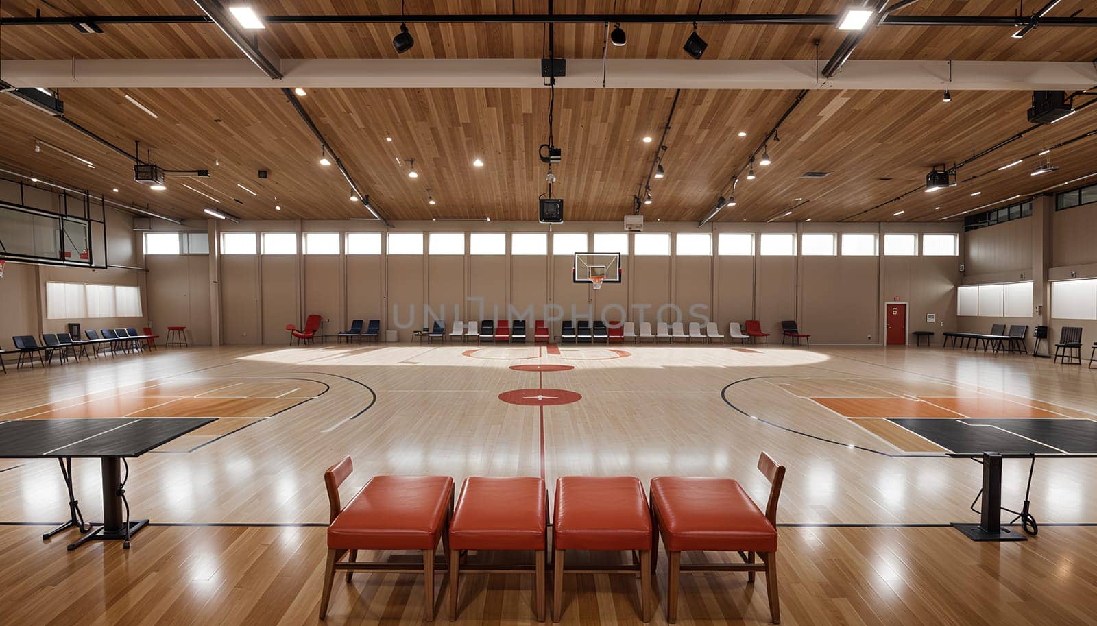 Basketball court with tribune and referee table mockup, front view. High quality photo.