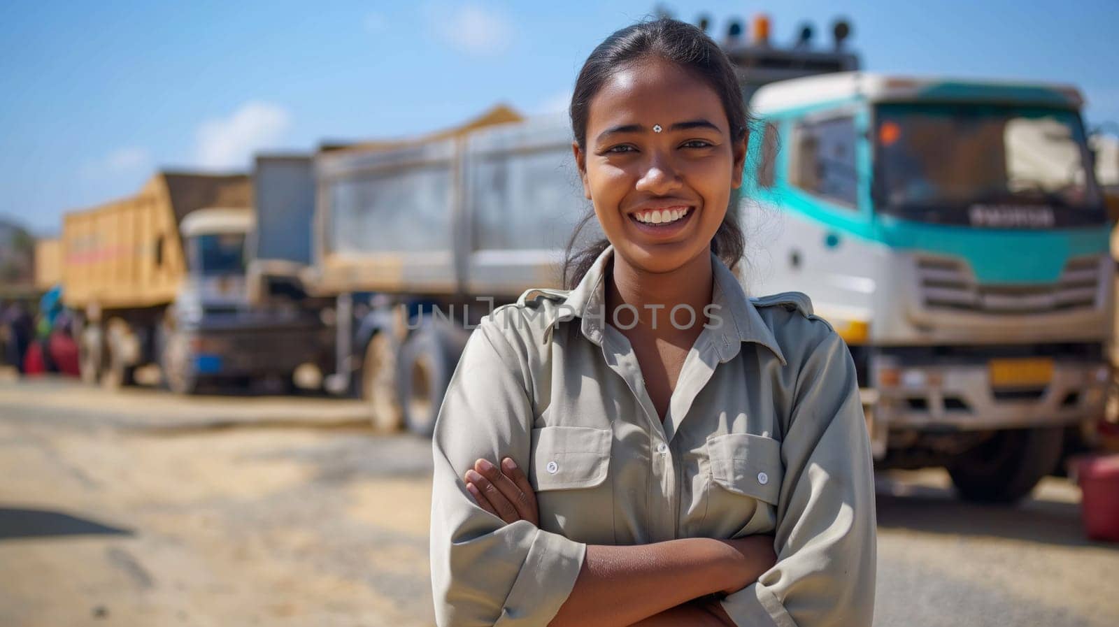 A cheerful young bangladeshi woman stands confidently in front of several construction trucks at a work site. she exhibits a positive demeanor, wearing an industrial shirt with her arms crossed, embodying diversity and strength in a professional environment.