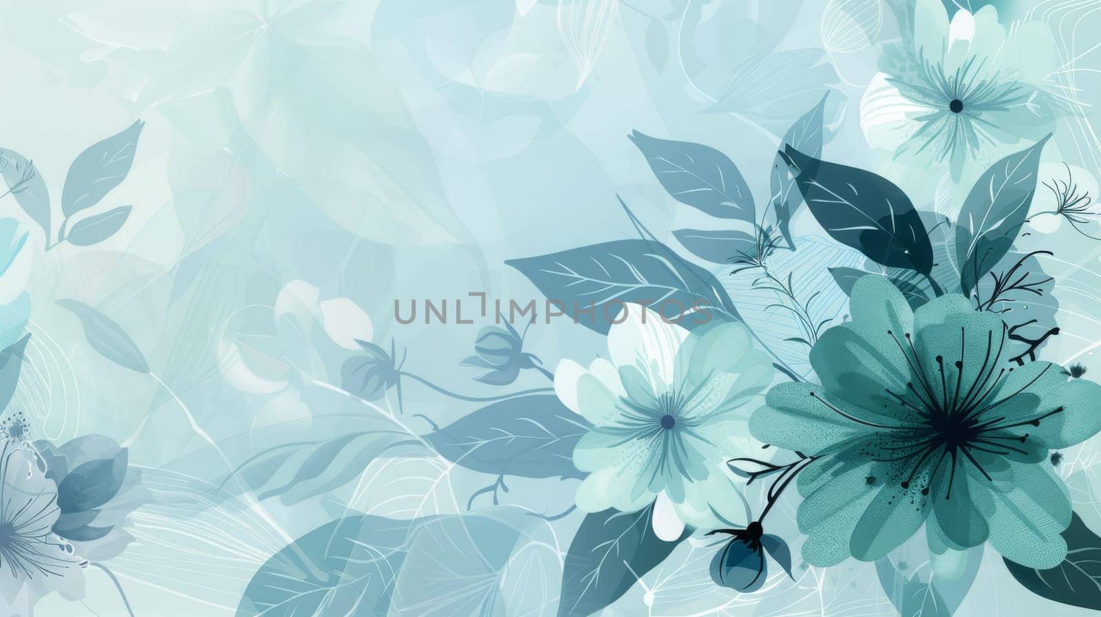 A beautifully crafted abstract floral design in calming shades of blue and green, showcasing a bouquet of intricately detailed flowers and leaves. perfect for use in spring-themed or nature-inspired print, card, or poster designs.