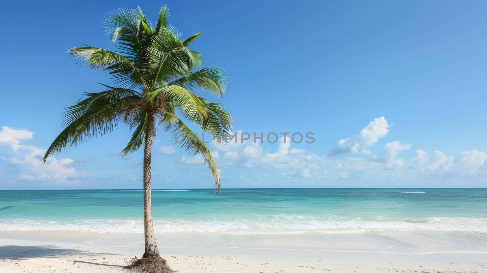 Idyllic tropical beach setting featuring a lush palm tree, pristine white sand, and the vast, clear blue ocean under a bright sky. perfect for travel, vacation, and summerthemed designs, evoking relaxation and tranquility.