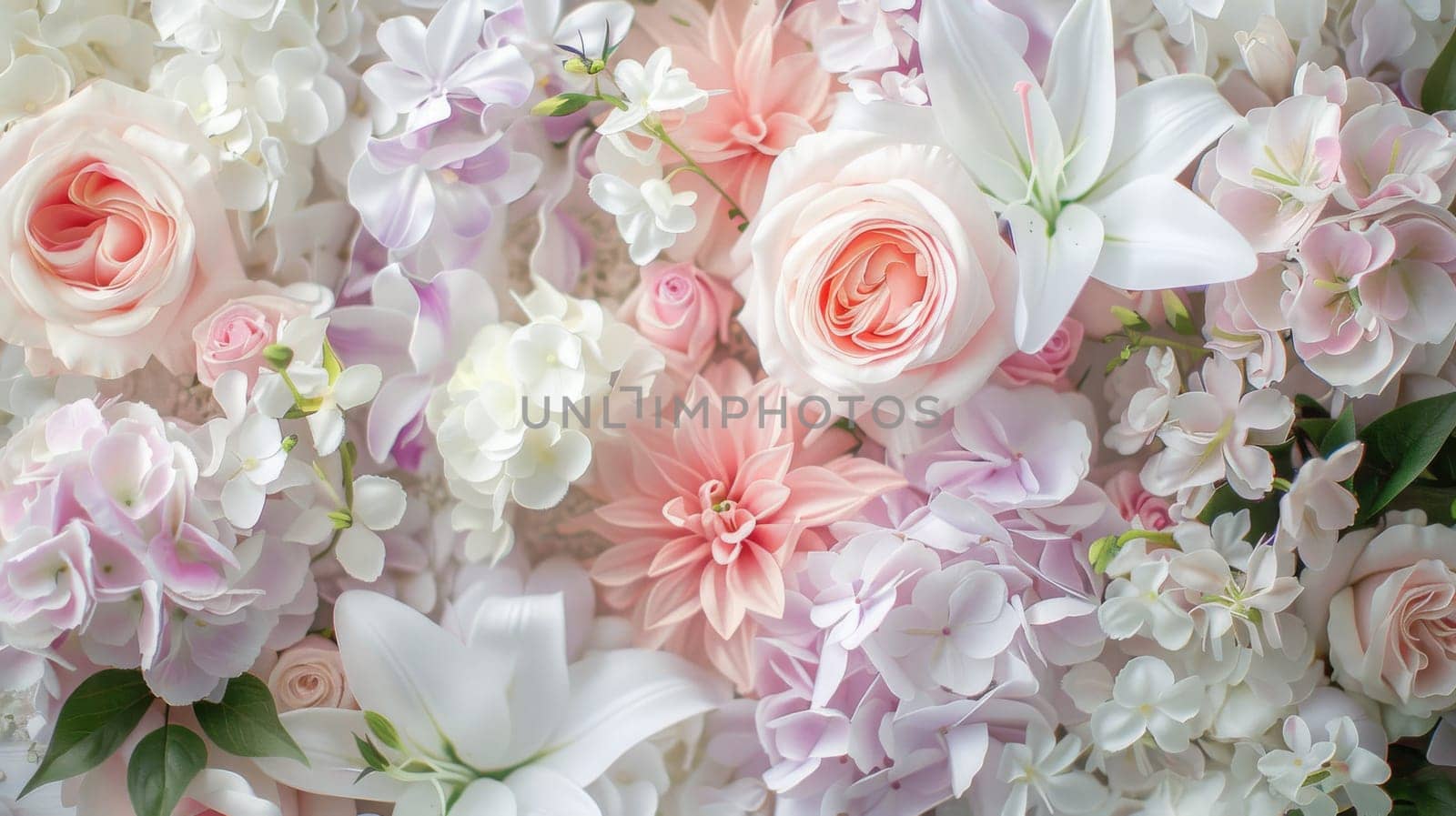 Beautiful floral arrangement featuring a harmonious blend of soft pastel roses, lilies, and hydrangeas. the delicate mix of colors and textures provides an exquisite and elegant design ideal for spring celebrations, decor, and various print projects.