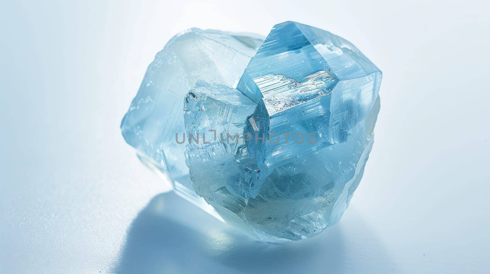 The polished aquamarine gemstone showcases its stunning blue hues and crystal structure. the closeup macro photography highlights the intricate details and clarity, making it ideal for design, print, and educational purposes.