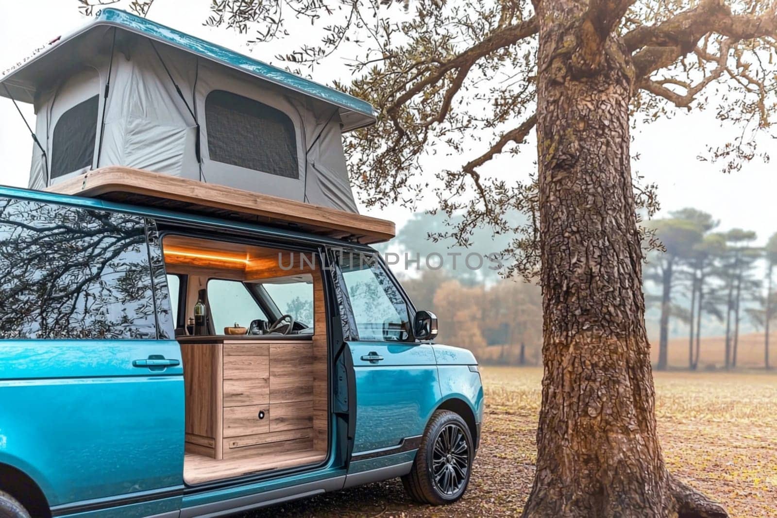 Blue camper van with a rooftop tent is parked in a field next to a tree, offering a peaceful and scenic escape for outdoor enthusiasts