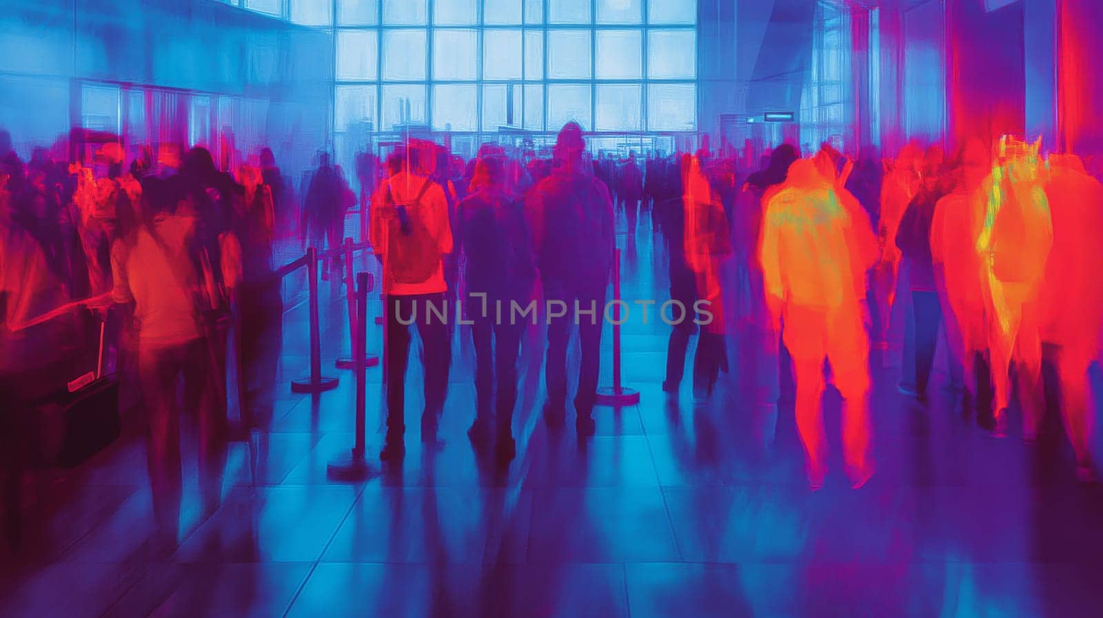 Crowded airport terminal visualized through a thermal imaging lens, showcasing vibrant and contrasting colors. travelers from diverse backgrounds navigate the space, the hustle and bustle of modern travel in a public area.