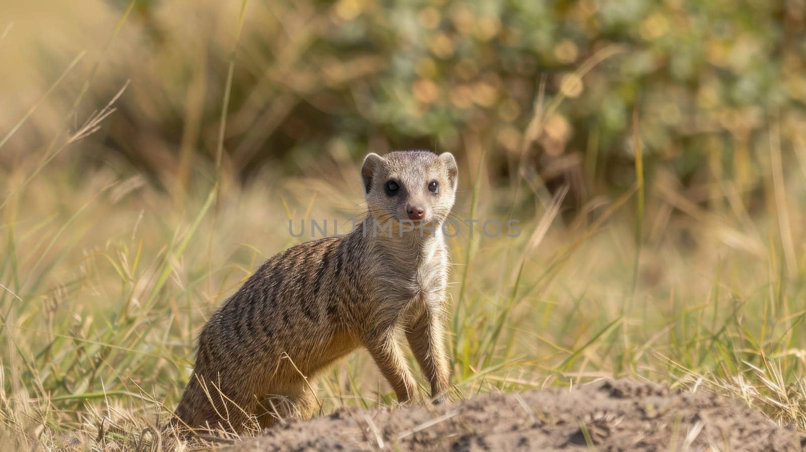 A mongoose stands alert in a grassy field, showcasing its curious and vigilant nature. the surrounding vegetation and blurred background highlight the mongoose as the focal point, offering a perfect snapshot of wildlife in its natural habitat.