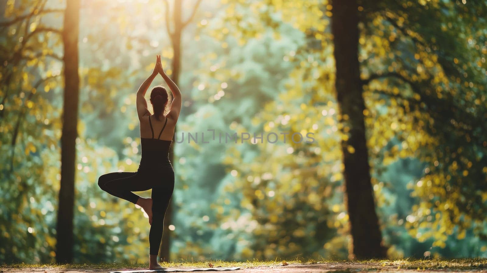A serene setting featuring a person practicing yoga outdoors in a lush, green forest. they stand in a tree pose with arms raised, sunlight filtering through the trees. the atmosphere is peaceful, emphasizing fitness, wellness, and connection to nature.