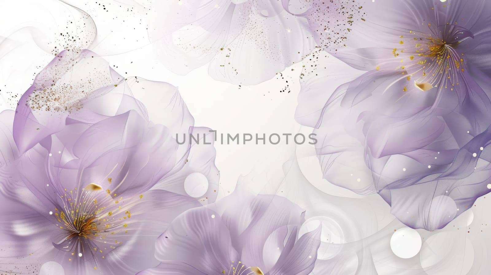 Purple blossoms and soft swirls blend seamlessly in this delicate abstract floral design. gold accents add an elegant touch, creating a peaceful and visually stunning composition suitable for posters, prints, or backgrounds.