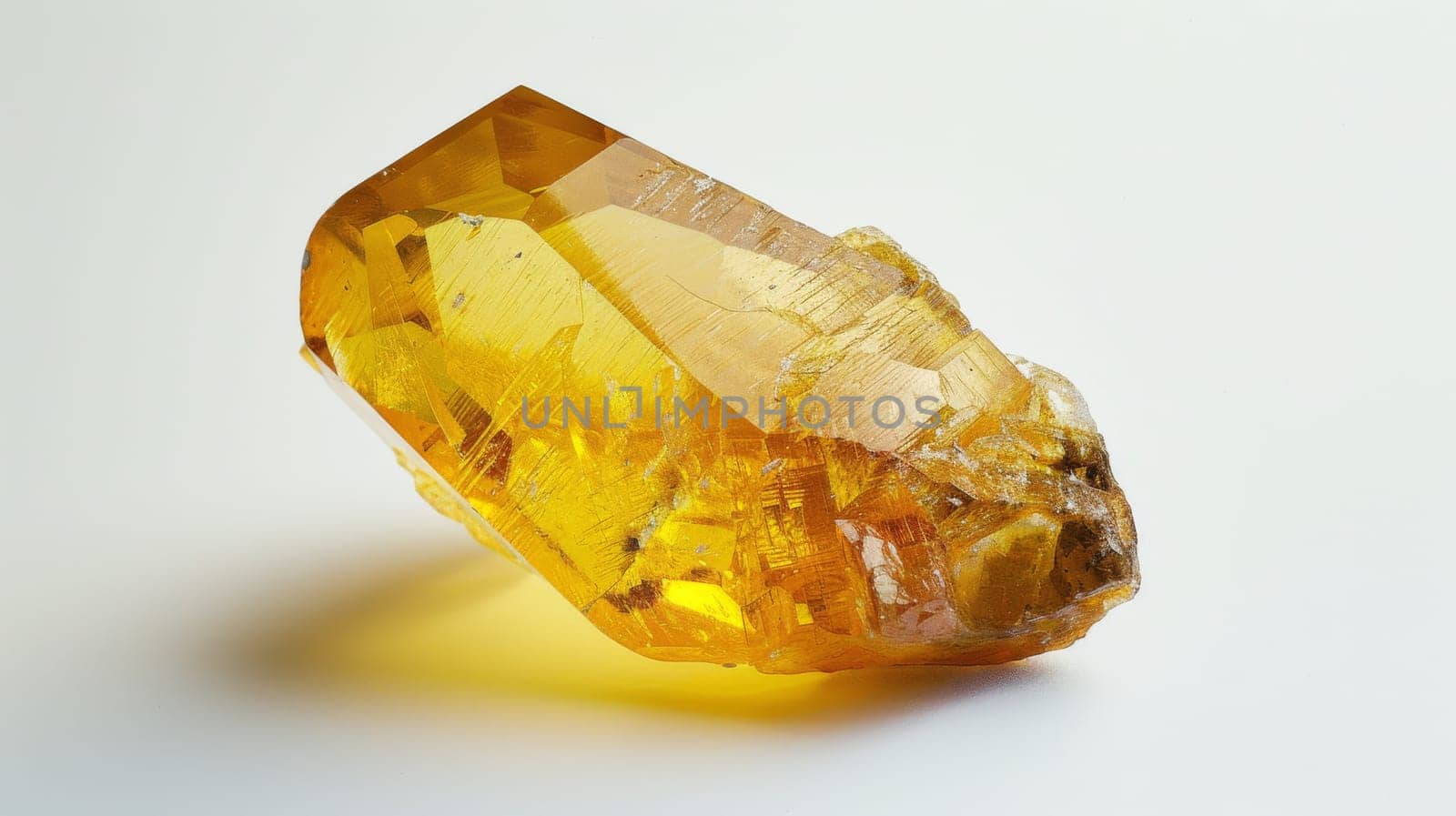 Closeup photograph of a single polished heliodor gemstone, showcasing its goldenyellow color, intricate surface texture, and clarity. ideal for use in jewelry design, mineralogy studies, and geological research presentations.