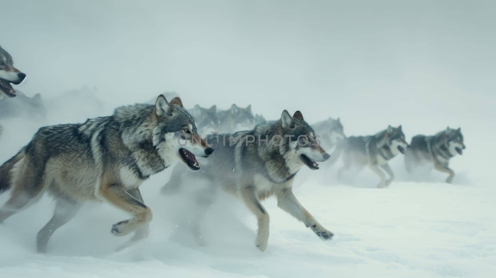 A pack of wolves runs through a snowy landscape, showcasing the beauty and dynamics of wildlife in their natural habitat. the scene wolves in motion against a cold, misty background, emphasizing their strong and agile nature.