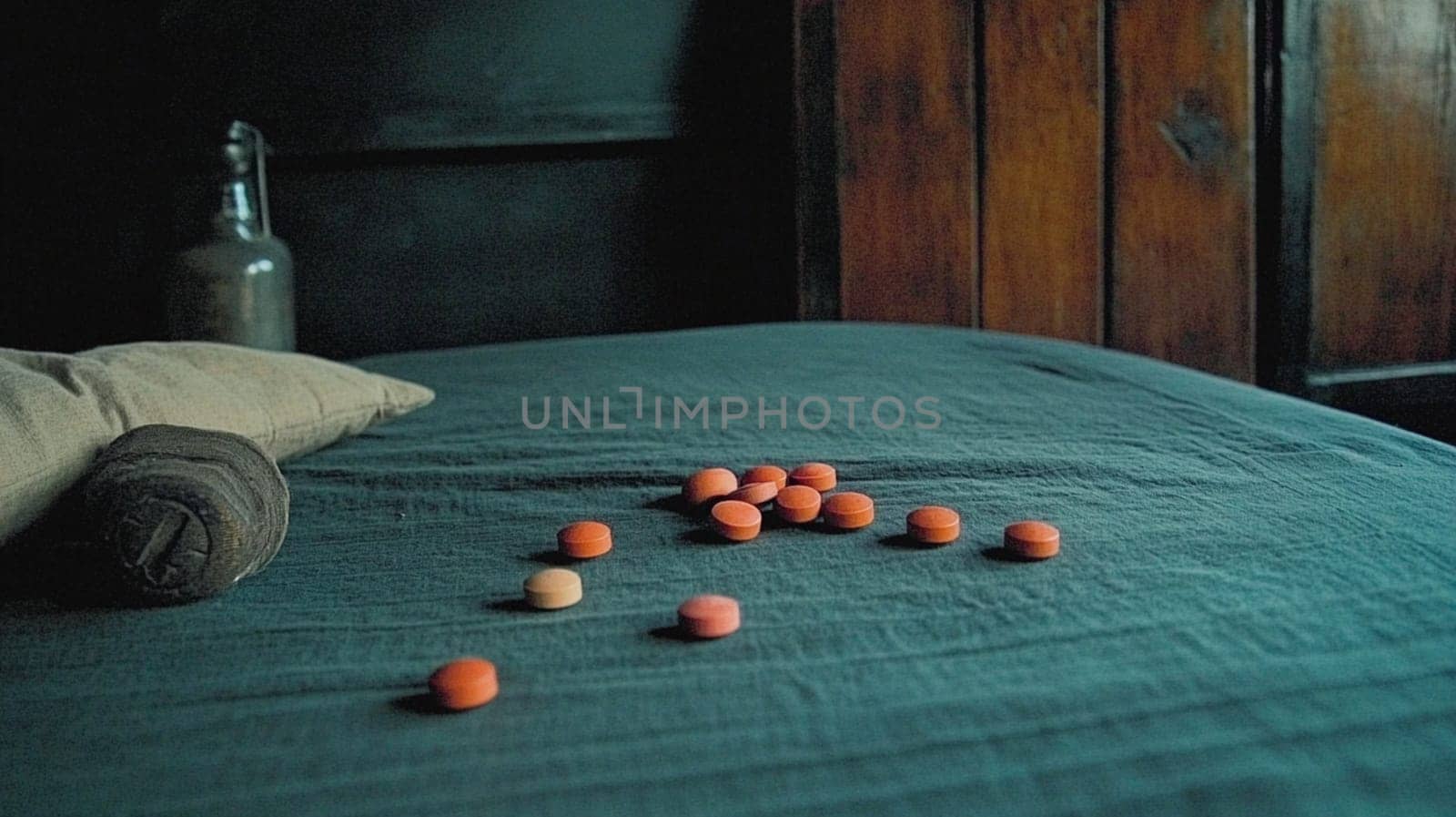 Red pills lying on an empty bed with an old bottle and pillow in the background, suggesting a feeling of loneliness and despair
