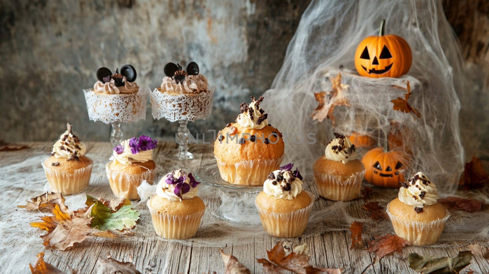 A table with a variety of cupcakes and a pumpkin. Scene is festive and celebratory, likely for Halloween