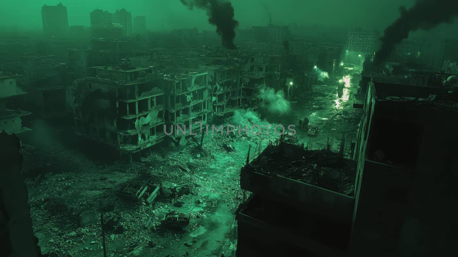Night vision aerial surveillance capturing a wartorn cityscape bathed in green hues. the devastation includes heavily damaged buildings and rising smoke columns. this image is ideal for use in war documentation, analysis, and educational material.