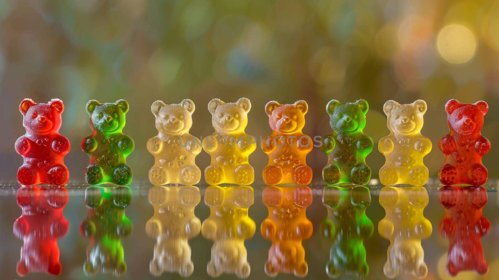 A lineup of gummy bear candies placed in neat rows, showcasing vibrant colors like red, green, yellow, orange, and clear. the backlit setting creates a bokeh effect with glittering reflections on the surface, enhancing the cheerful and playful mood.