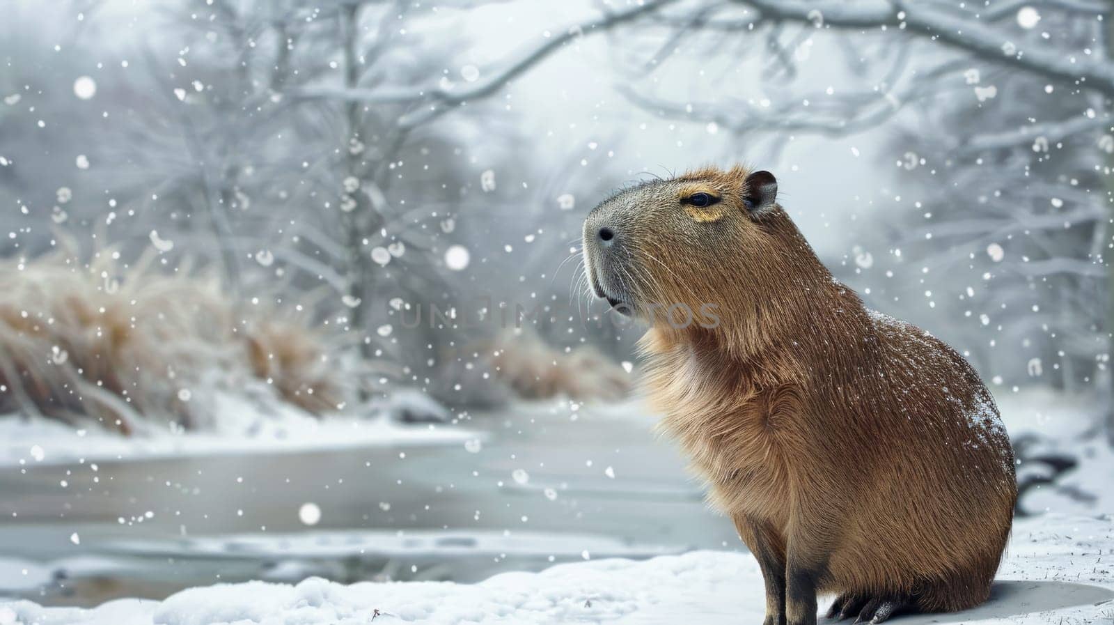 A capybara stands majestically in a snowcovered landscape, its fur delicately dusted with snowflakes. the serene winter scene features a tranquil river and bare trees, capturing the peacefulness of nature in cold weather.