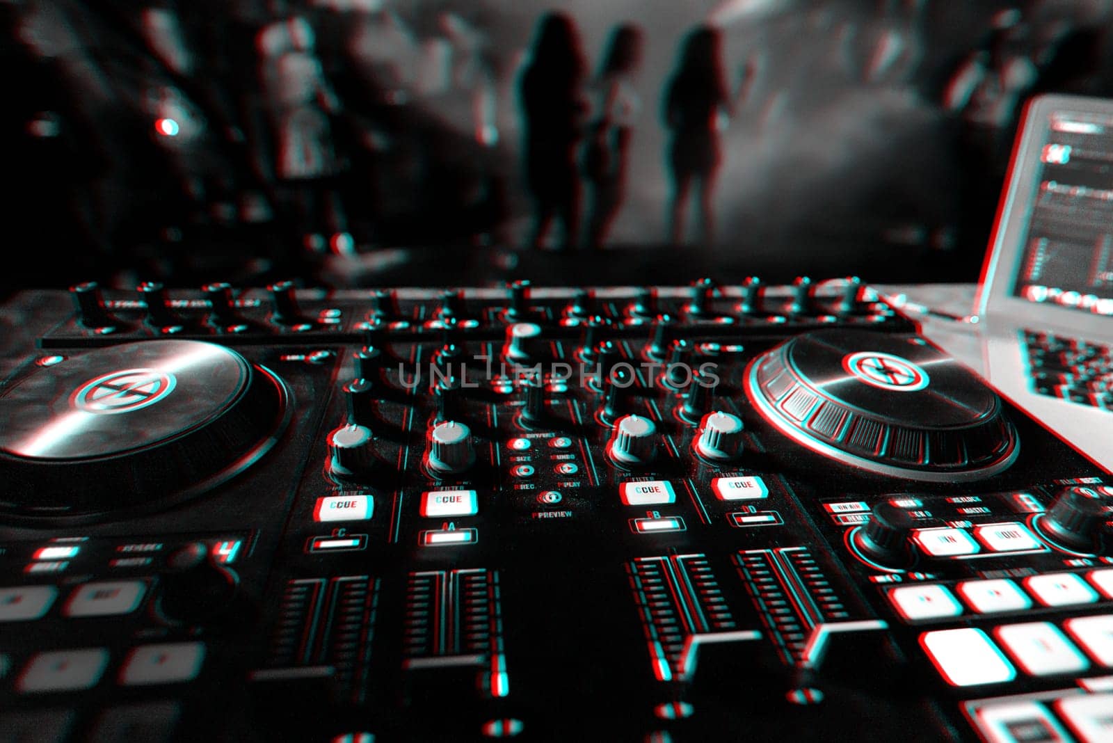 professional DJ mixer controller for mixing music in a nightclub with dancing people on the dance floor. Black and white photo with glitch effect and small grain