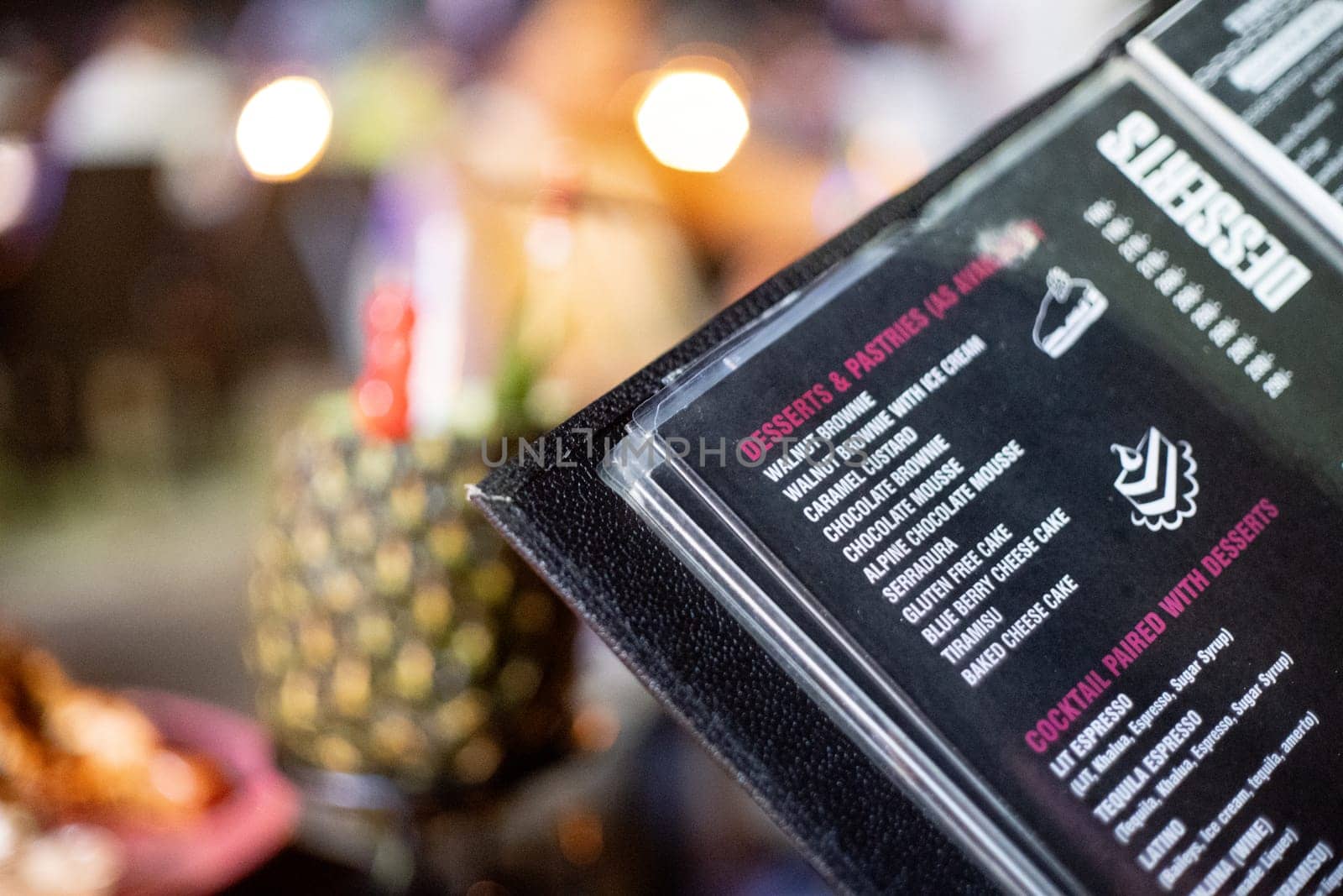 Goa, India - 16th Aug 2024: Menu of Brittos in Goa showing the desserts available to eat on the beach while enjoying this night life spot