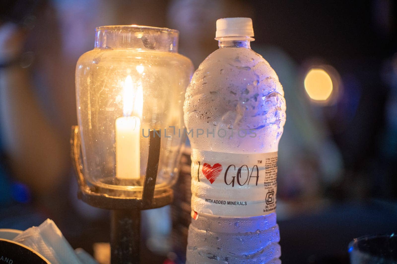 Goa, India - 15th Aug 2024: Bottle of mineral water showing I love Goa a common slogan across elements showing the popular tourist destination party place and romantic travel location