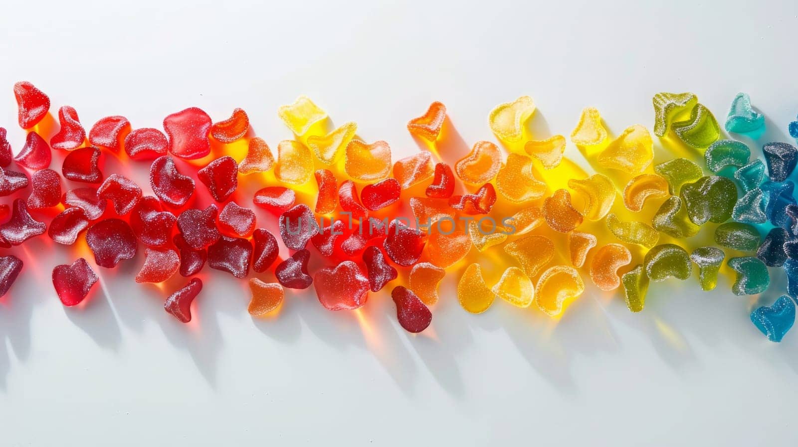 Vibrant rainbow gummy candies are artfully arranged in a gradient from red to blue. the colorful display makes it perfect for cheerful designs, marketing materials, sweetthemed decor, posters, and promotional campaigns.