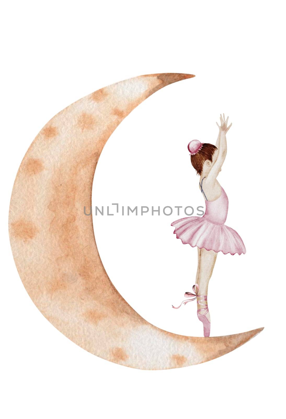 Ballerina watercolor. Hand drawn incredible girl dancer in pink tutu skirt on the moon. Clip art on isolated white background of cute ballet beauty. Perfect for poster and cards, princess daughter room design. High quality illustration
