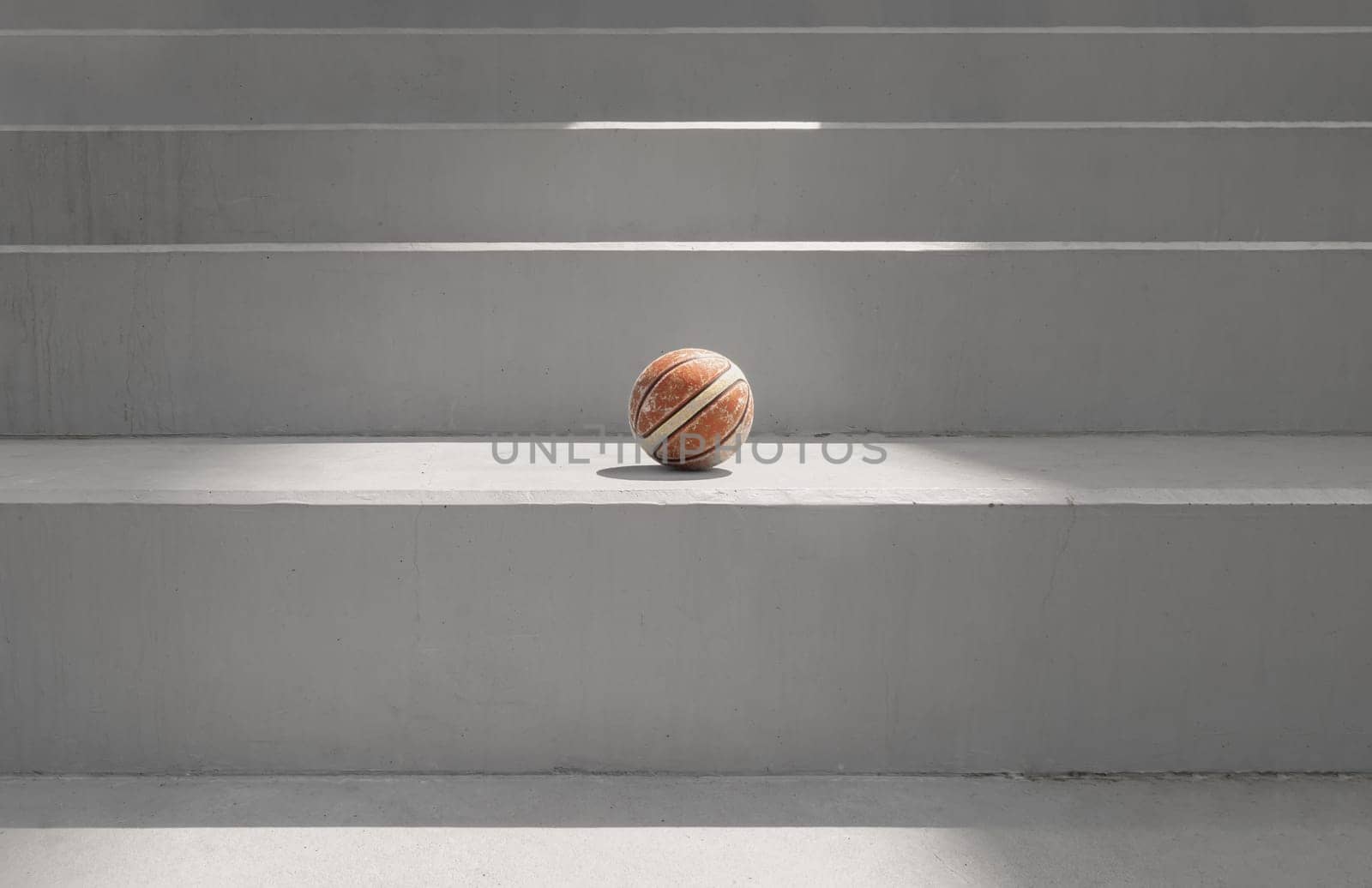 Old basketball ball on cement floor with Stairs leading and Natural light. use it as your Wallpaper, Poster and Space for text, Selective focus.