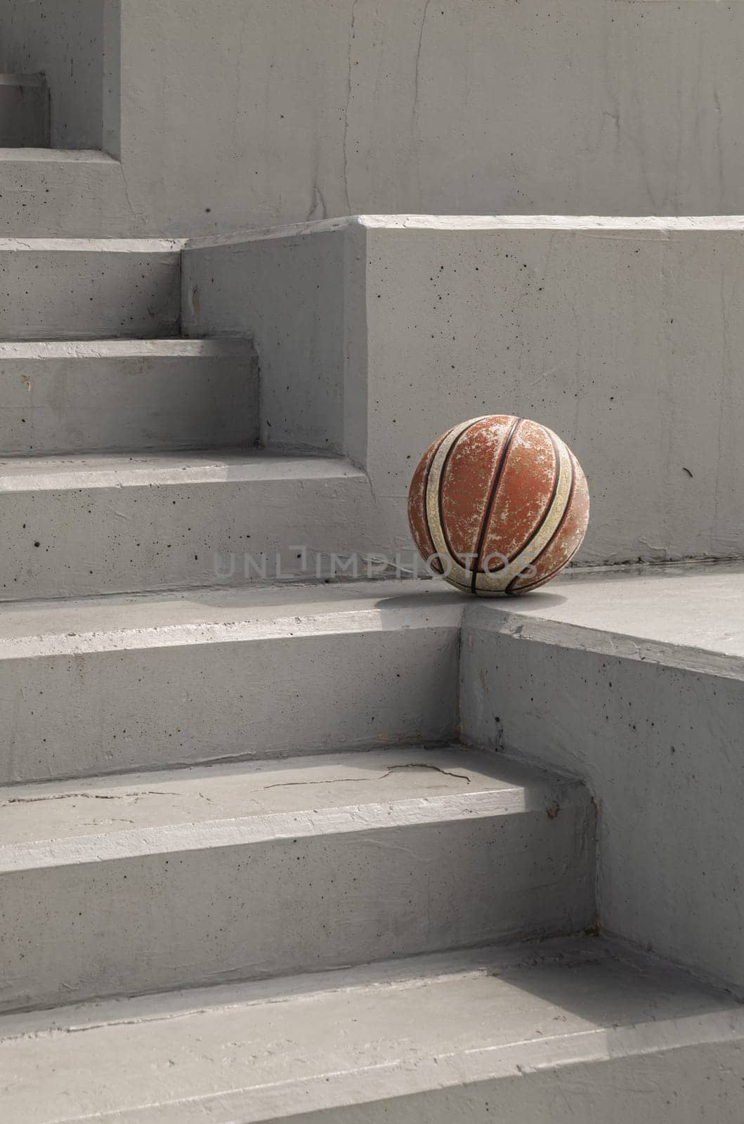 Old basketball ball on cement floor with Stairs leading and Natural light. use it as your Wallpaper, Poster and Copy space, Selective focus.