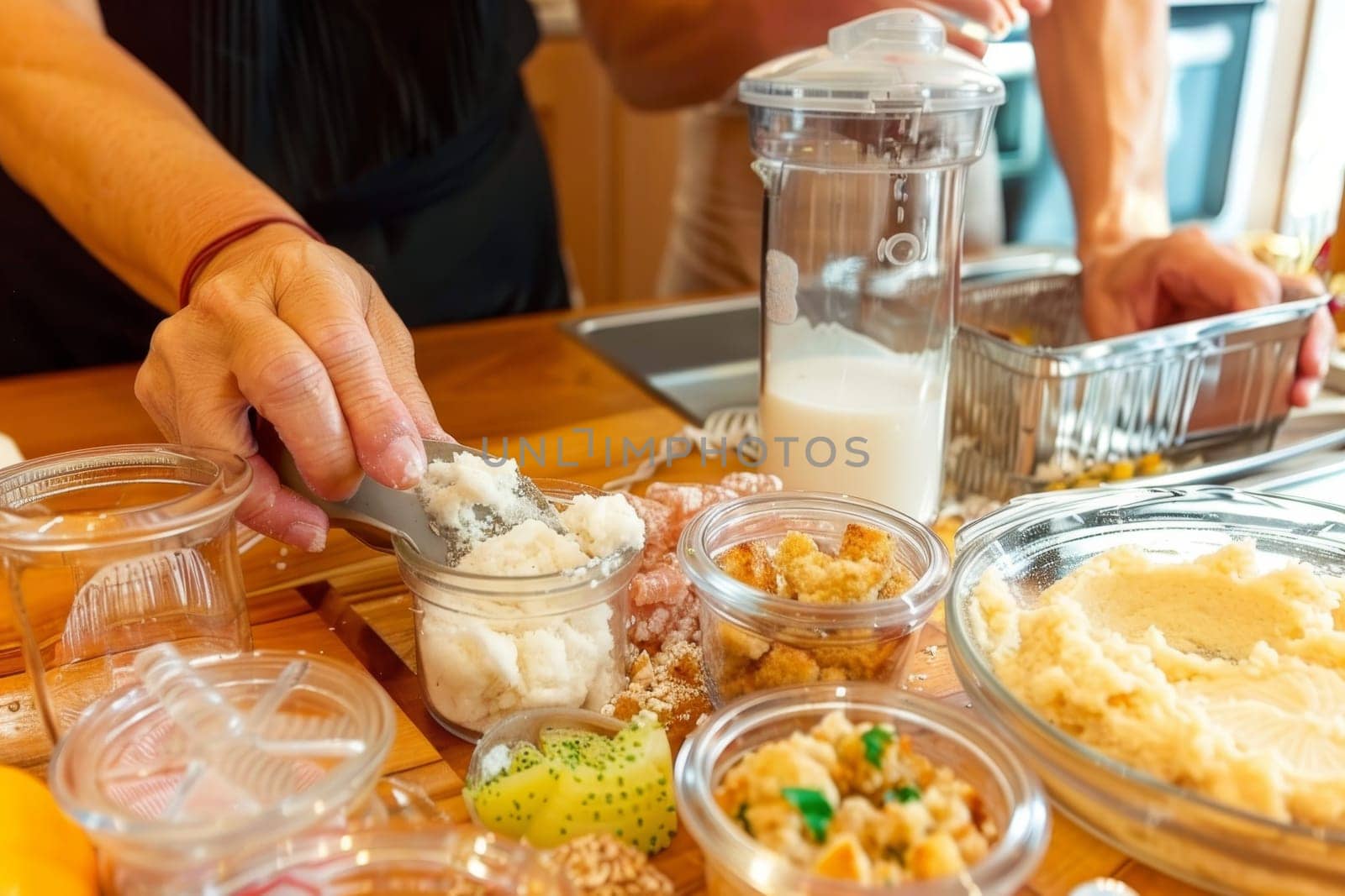 Hands crafting classic comfort foods stuffing, creamy mashed potatoes, and pumpkin pie prep