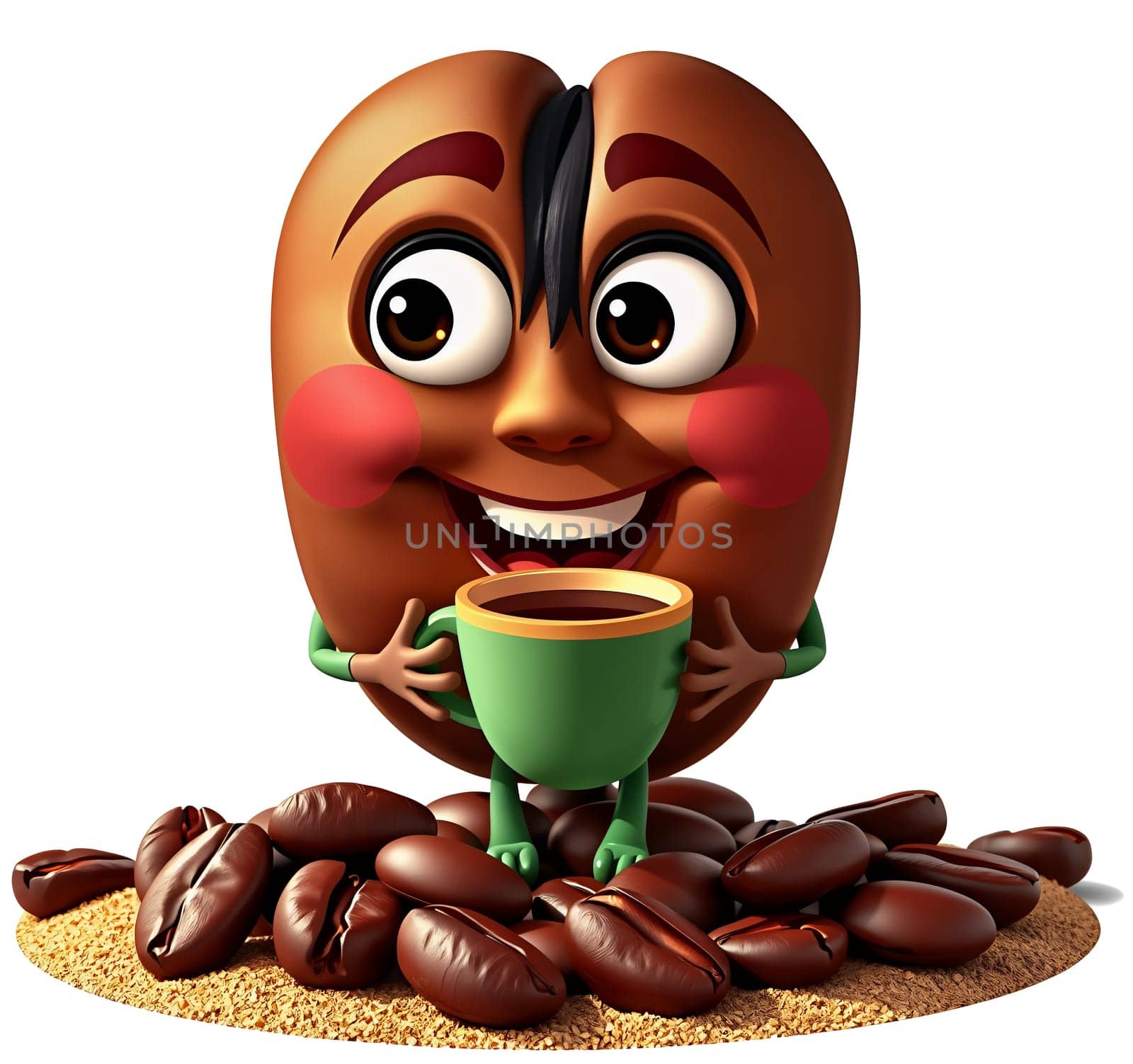 The image presents a cartoon character resembling a coffee bean with a cheerful expression. The character is holding a green cup filled with coffee, and it is standing on a bed of coffee beans. The background is a plain white color. (transparent, isolated)