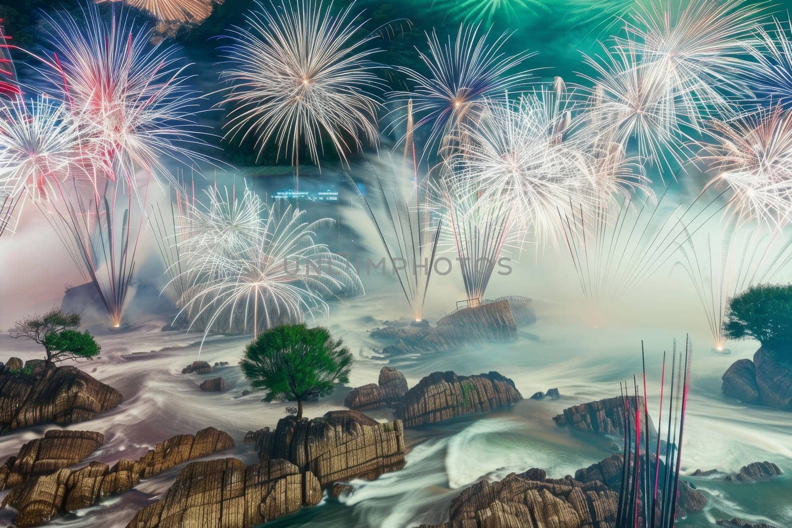 Vibrant fireworks and firecrackers illuminate the night sky, celebrating lunar new year traditions