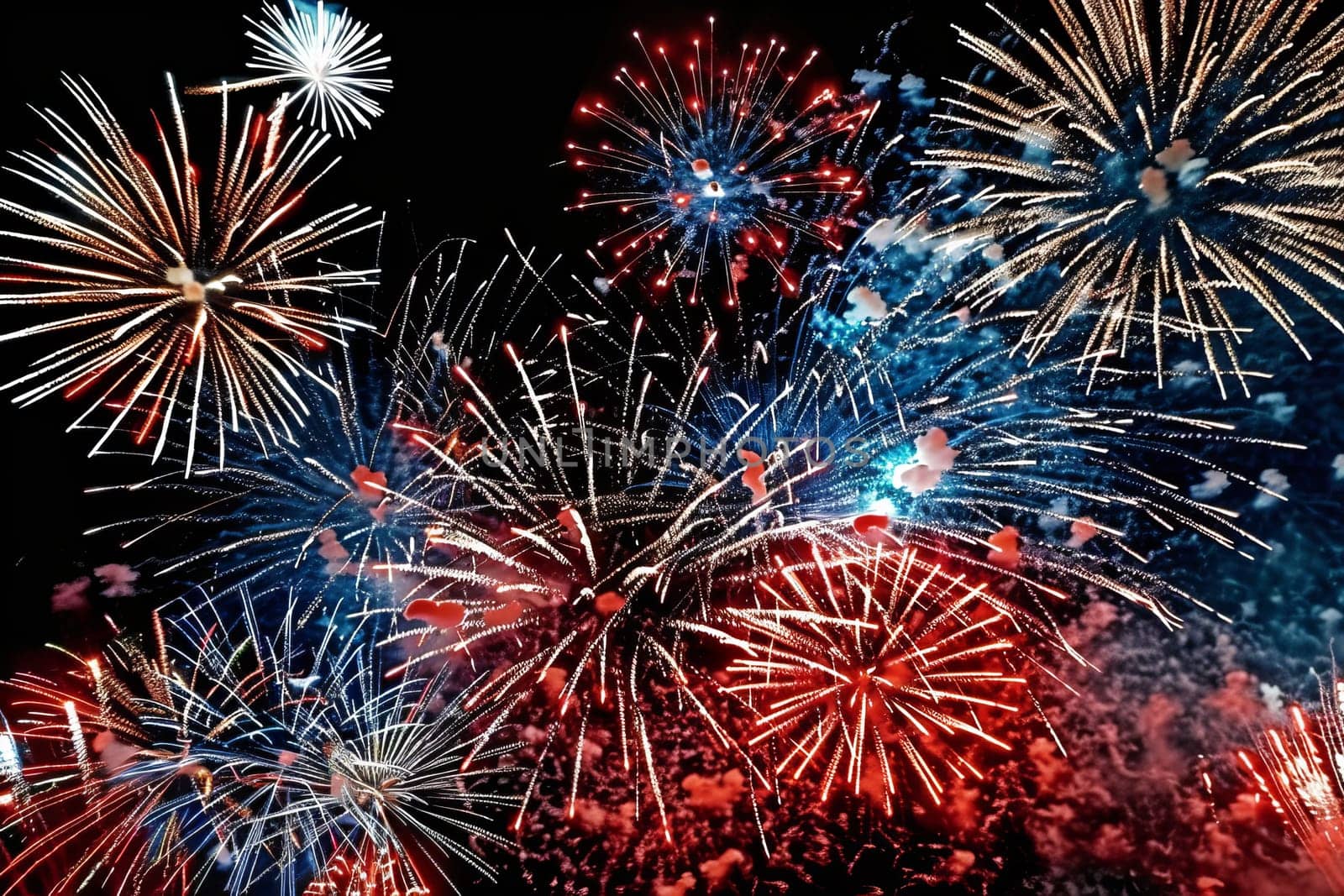 Vibrant fireworks and firecrackers illuminate the night sky for lunar new year celebrations