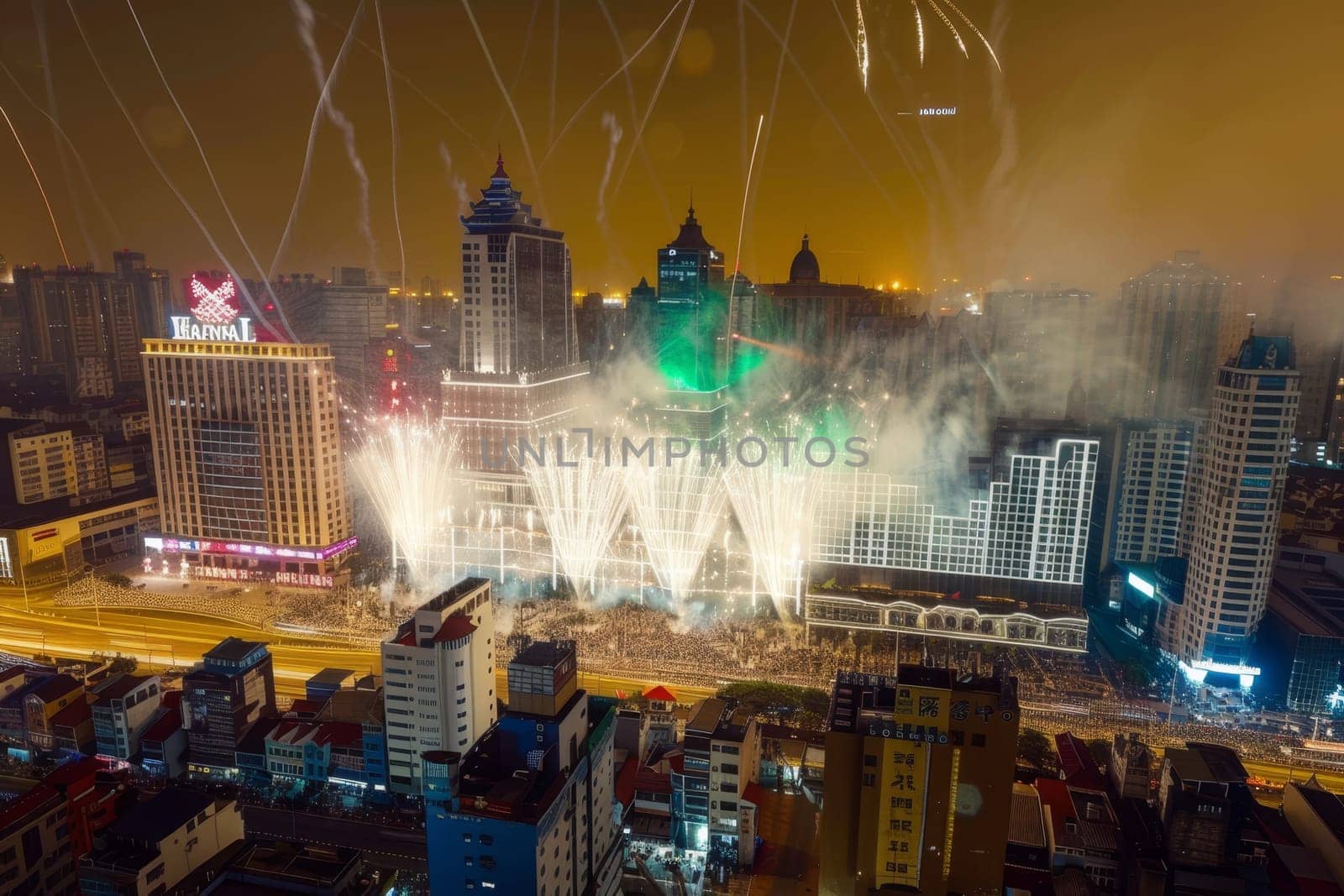 Vibrant fireworks and firecrackers illuminate the night sky in lunar new year celebrations