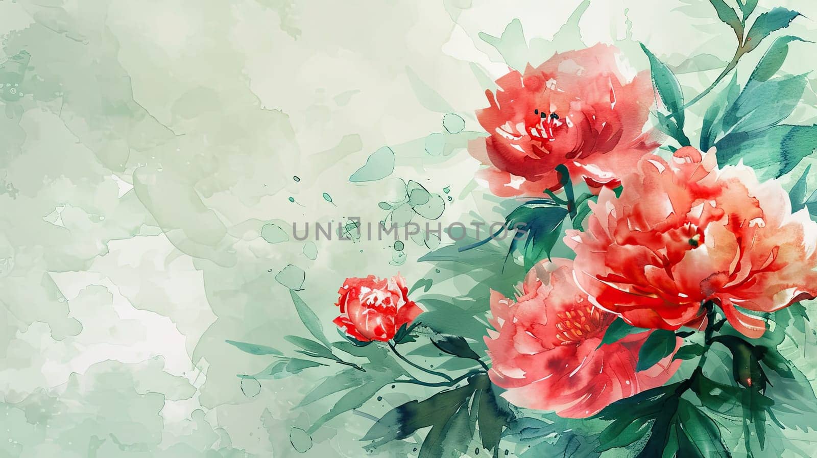 Delicate peonies bloom in shades of pink and coral, set against a soft, muted watercolor backdrop that enhances the floral elegance of spring.