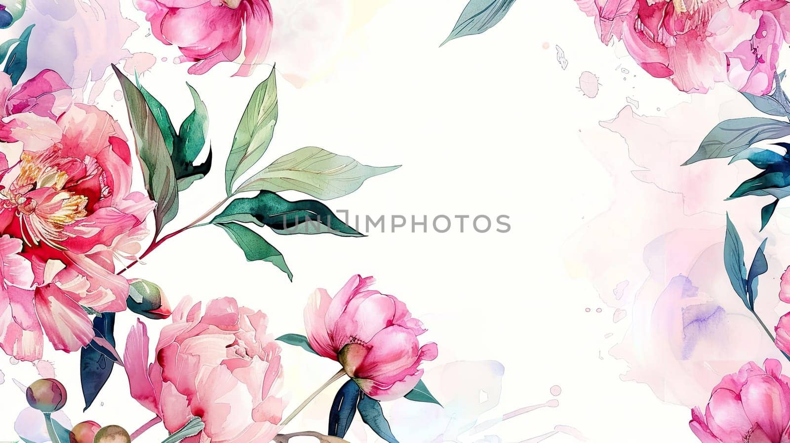 A beautiful arrangement of pink peonies with lush green leaves is set against a soft pastel background, showcasing elegant watercolor art.