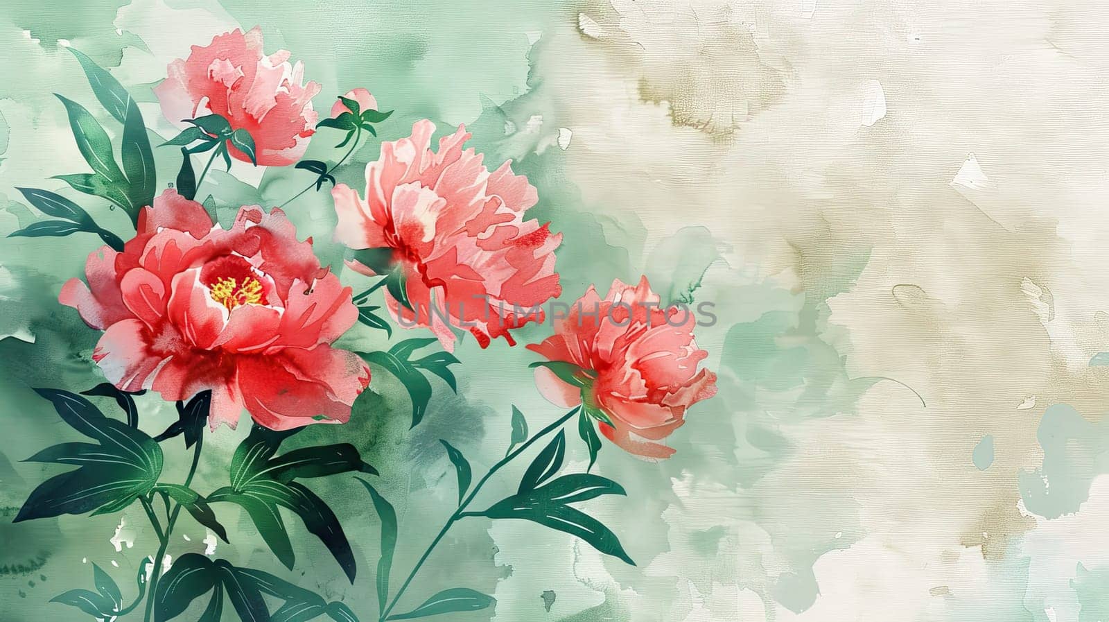 Delicate pink peonies flourish with vibrant green leaves, set against a calming pastel backdrop, showcasing the beauty of floral artistry.