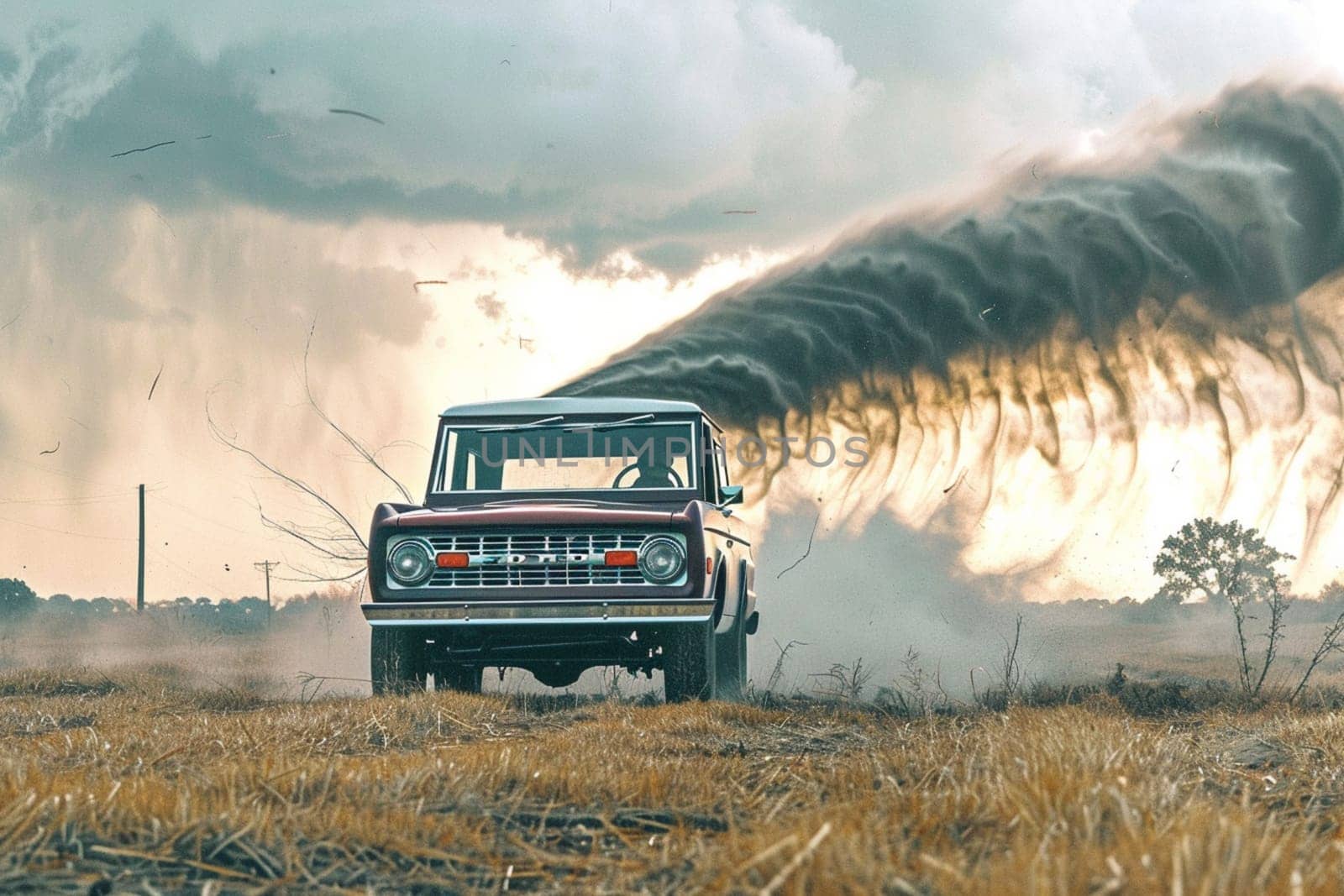 Classic ford bronco driving through a field with wildfire smoke and wind blowing through the air