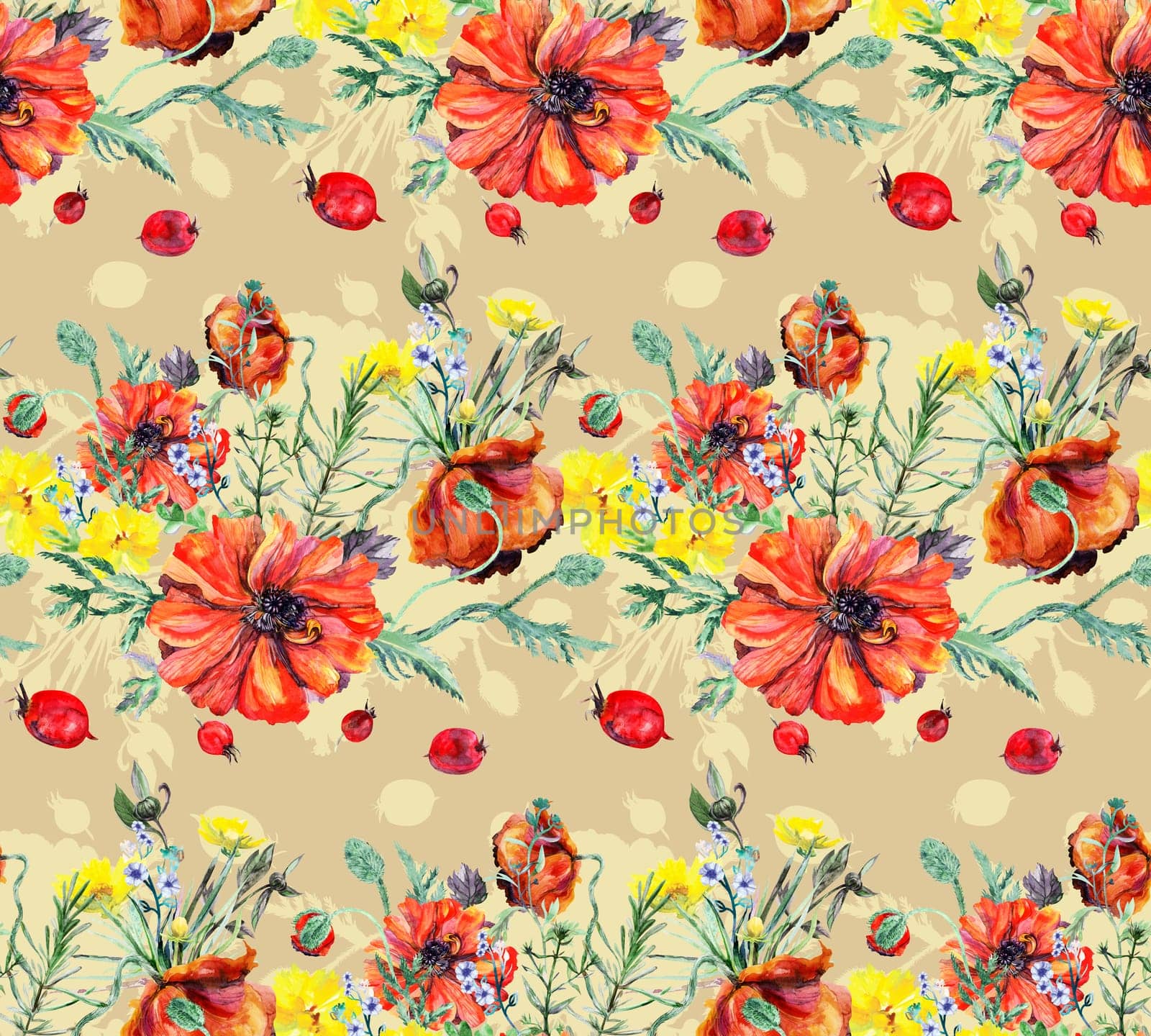 Seamless watercolor pattern with a bouquet of red poppies and field herbs on a beige background for summer textiles and surface design