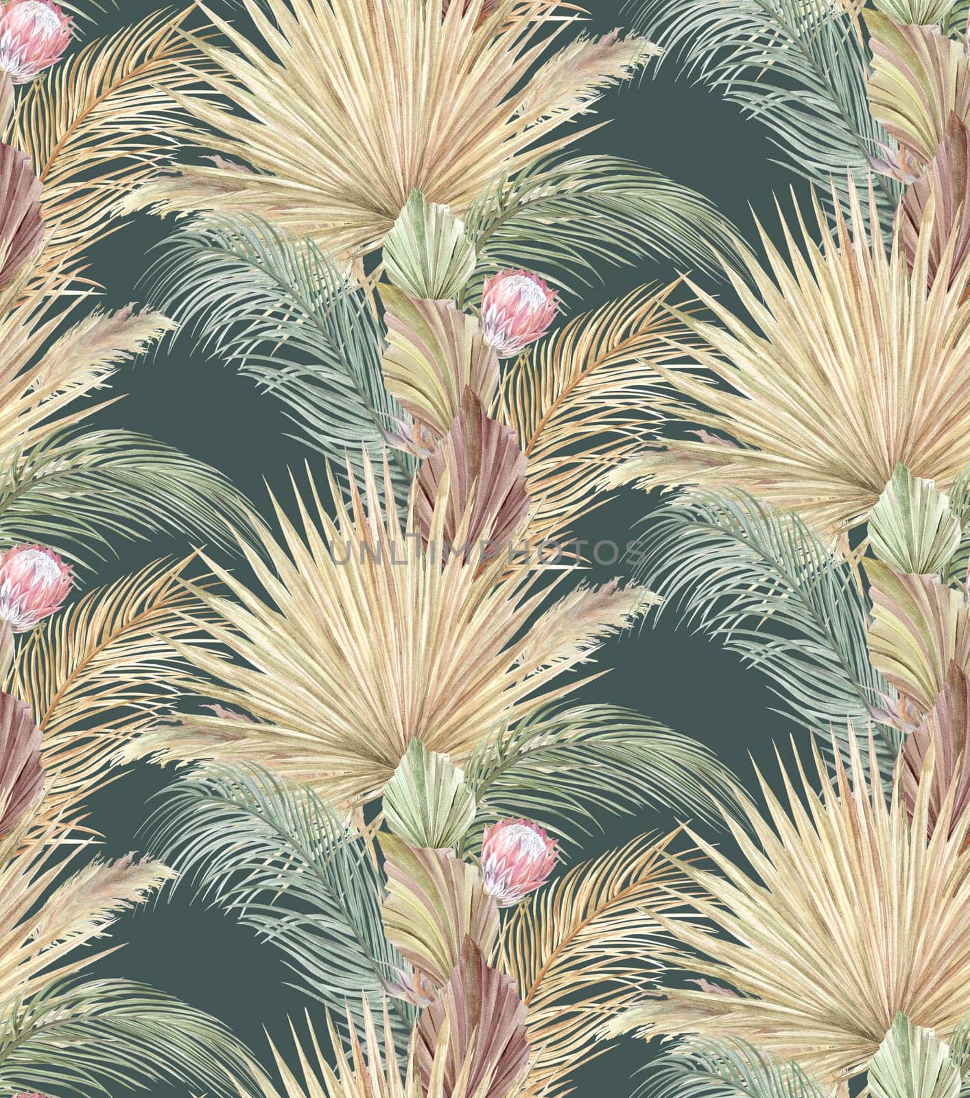 Seamless watercolor pattern with vertical tropical herbarium of dry palm leaves and pampas grass on dark green background for textile and surface design