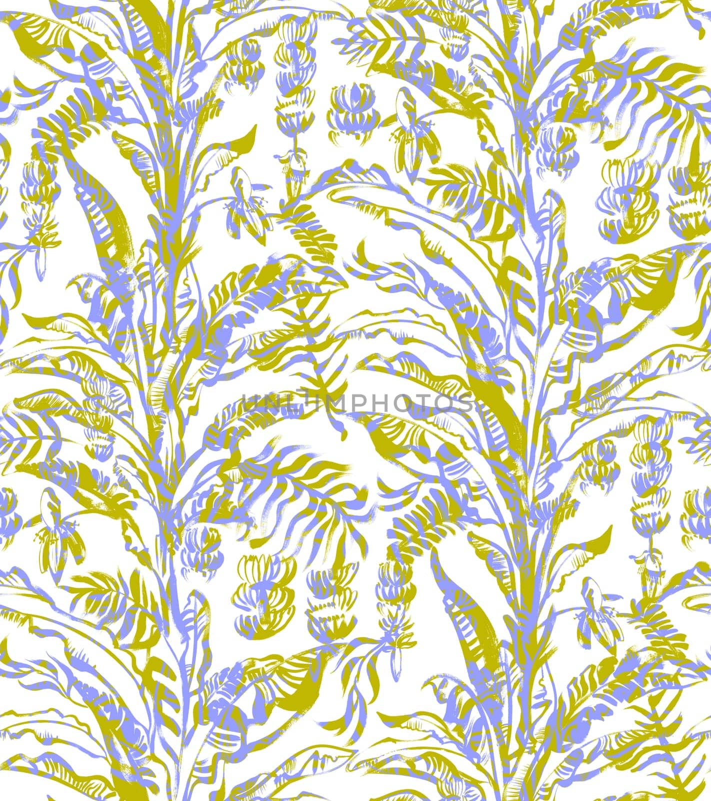 summer tropical seamless pattern with a blue and green palm tree and growing bananas on a white background drawn in gouache