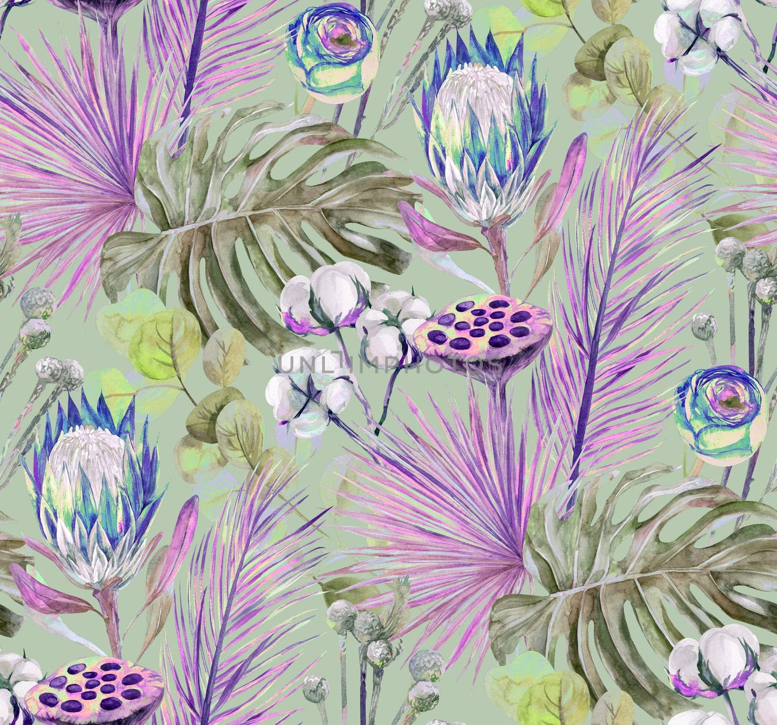 Watercolor modern pattern with tropical dried flowers of protea flowers and monstera leaves on a green background. Contemporary dyed dried flowers and Eucalyptus twigs and dried tropical palm leaves in shades of blue and purple for summer textiles and surface designs