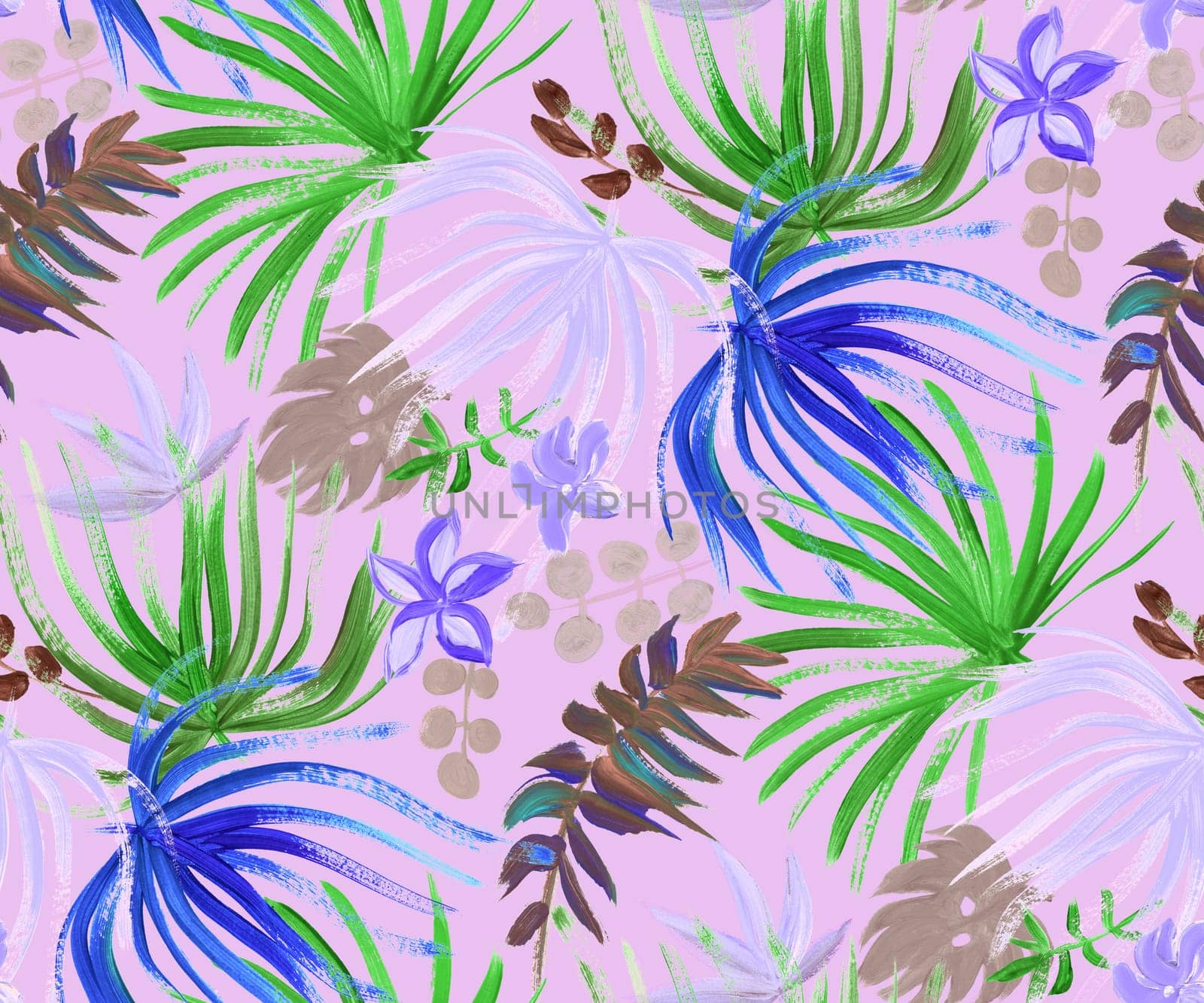 modern bright seamless pattern with tropical palm leaves and colorful dried flowers for fashion textiles and surface design